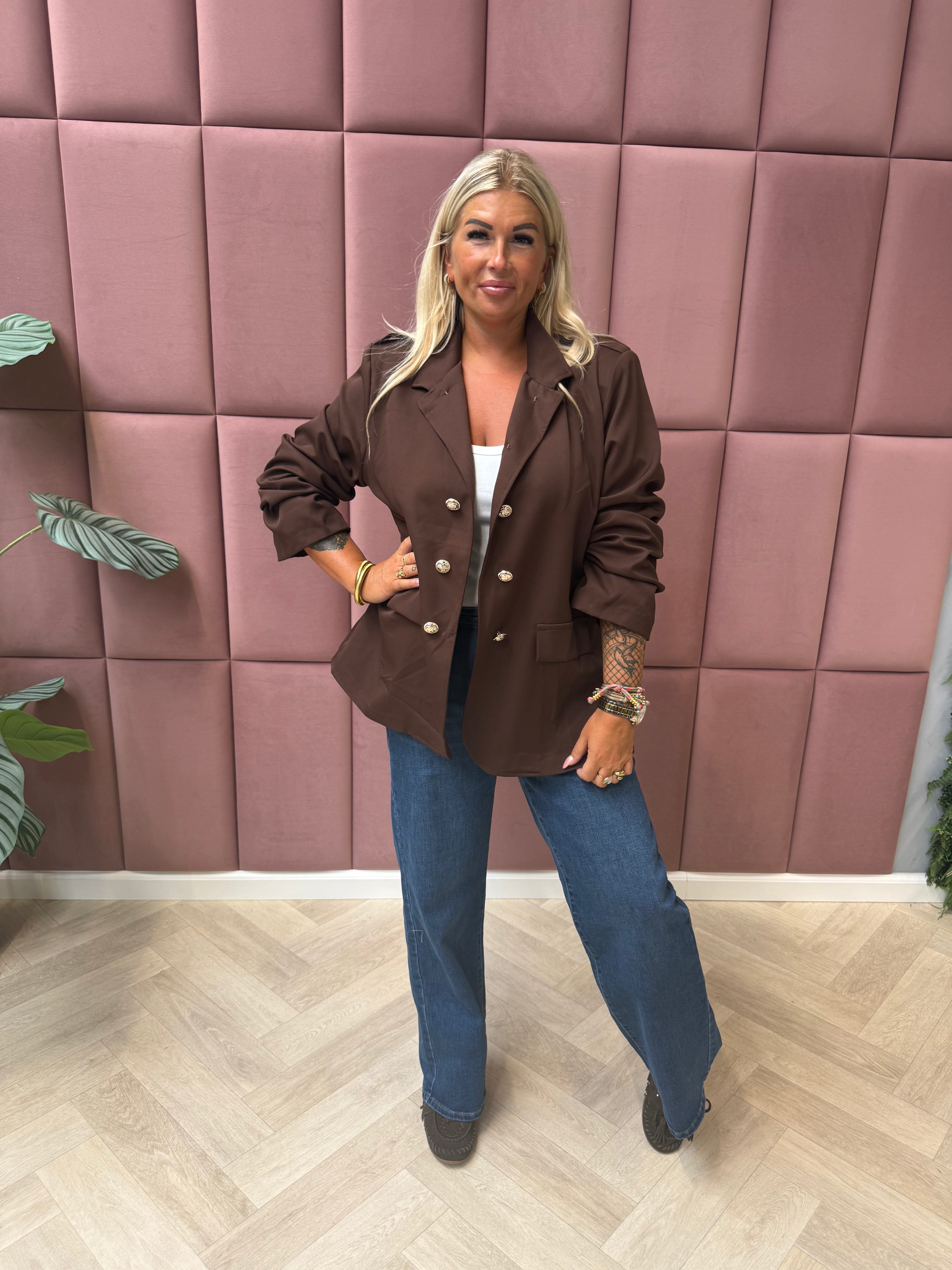 Blazer ophaalmouwen sierknopen donkerbruin