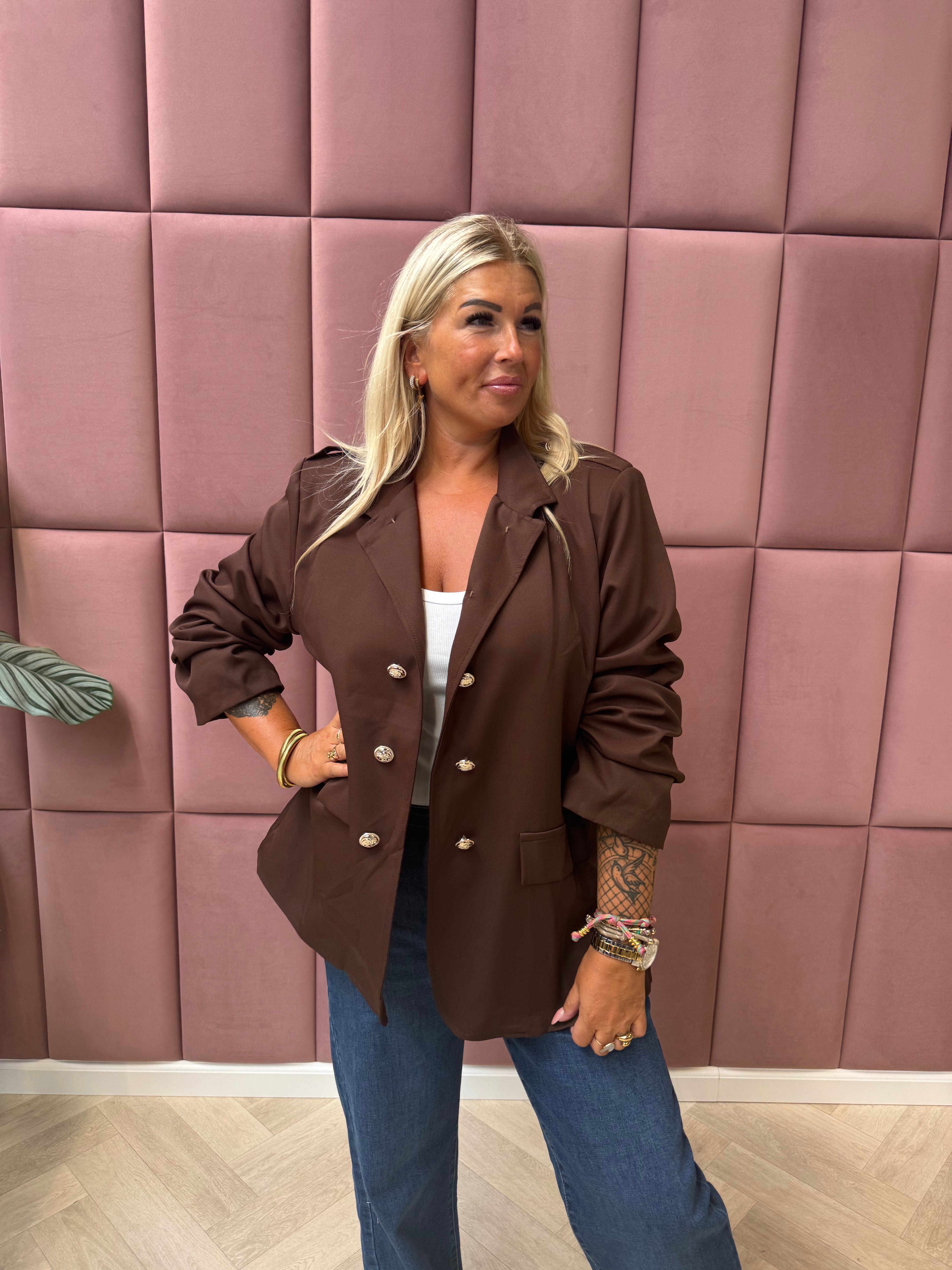 Blazer ophaalmouwen sierknopen donkerbruin