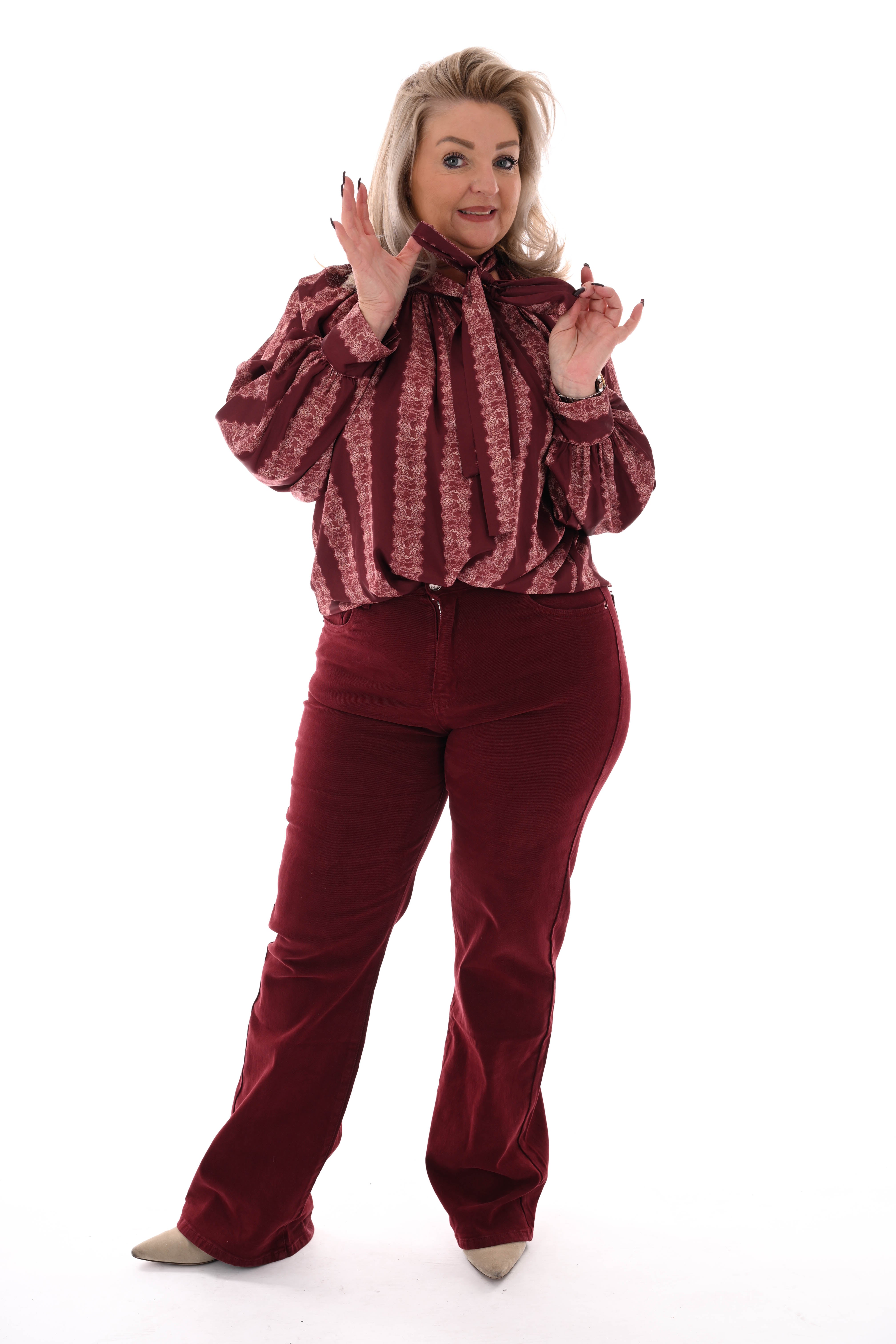 Silky blouse met strik kant detail bordeaux