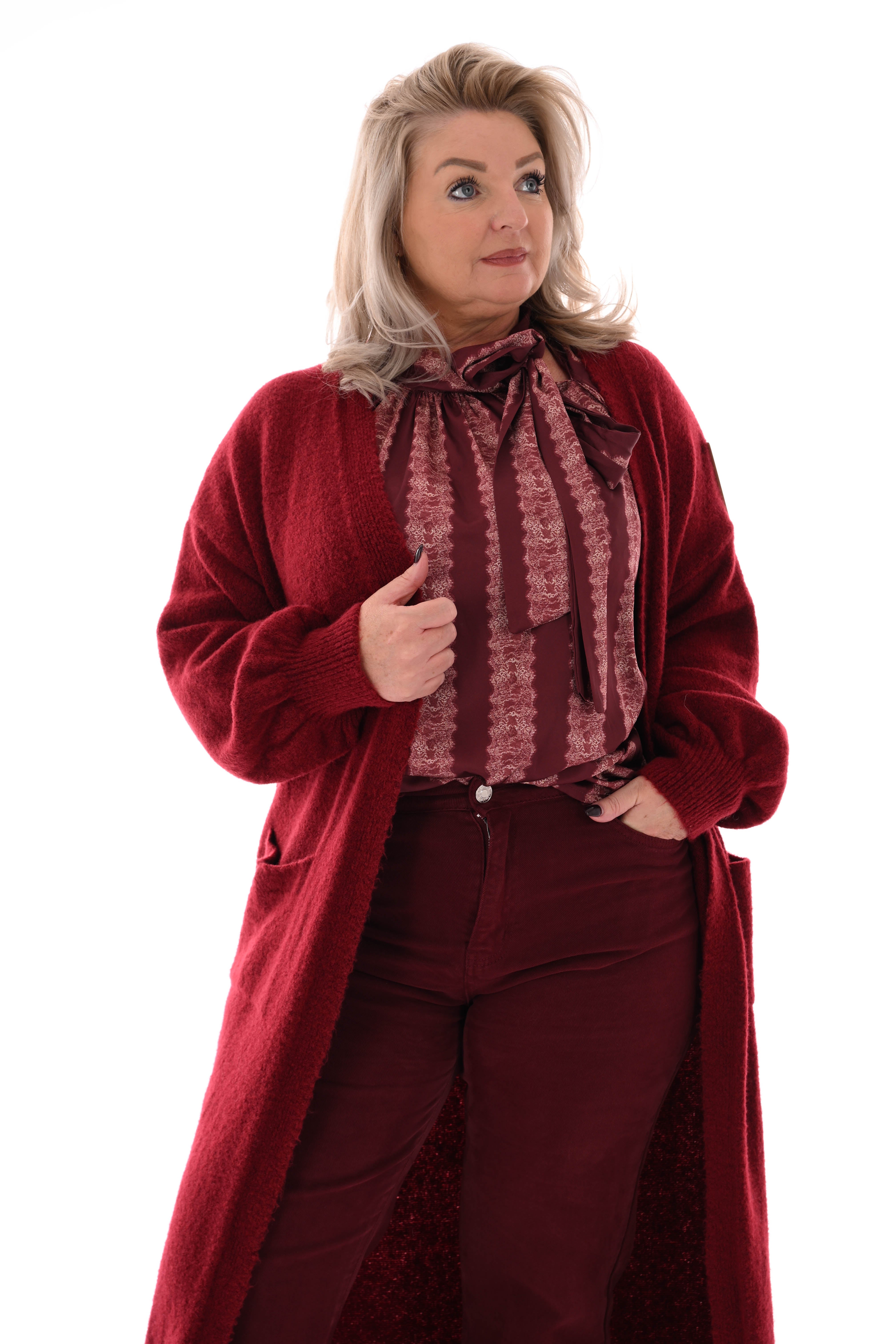 Lang vest fijn gebreid bordeaux