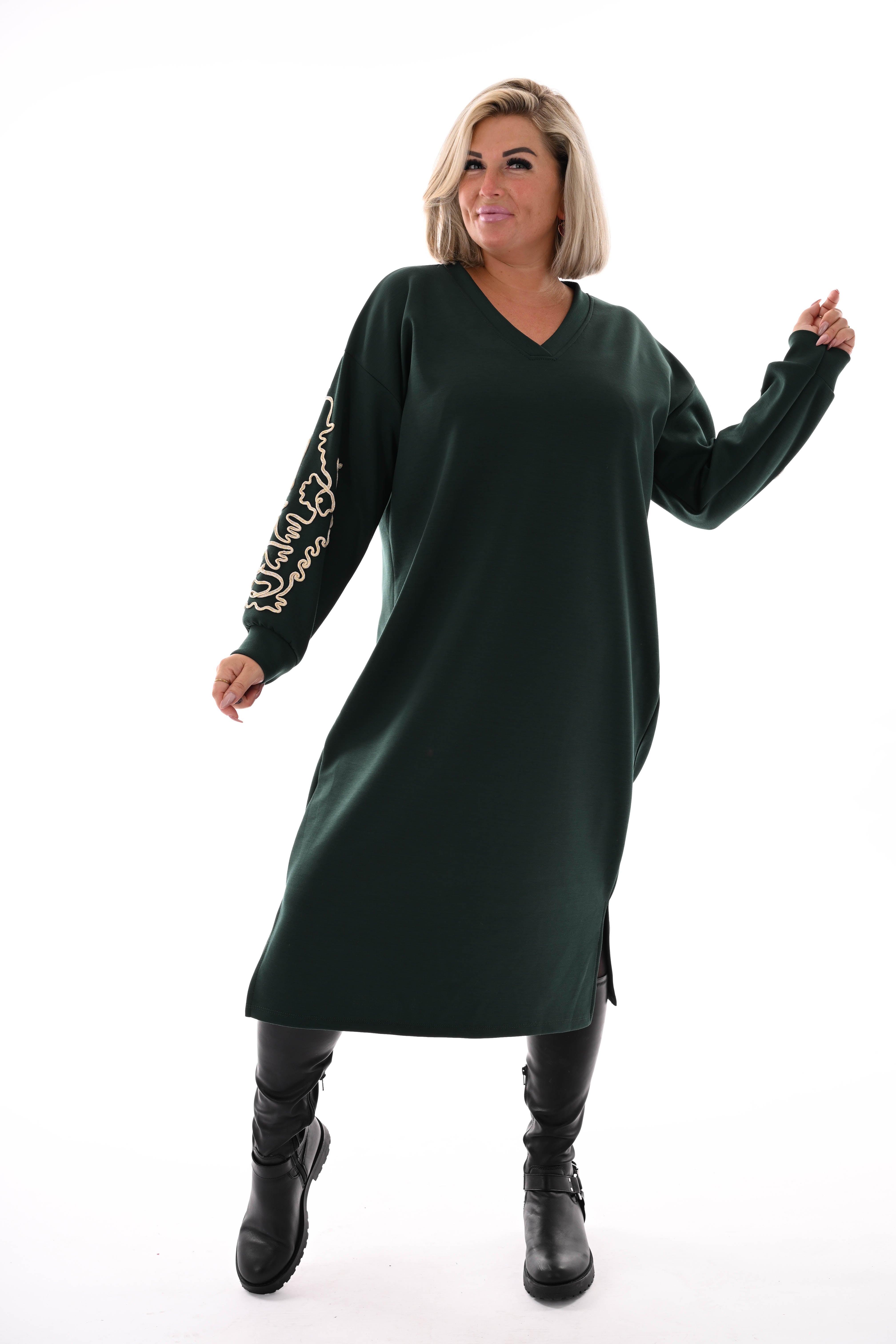 Sweaterdress gouden borduursels donkergroen