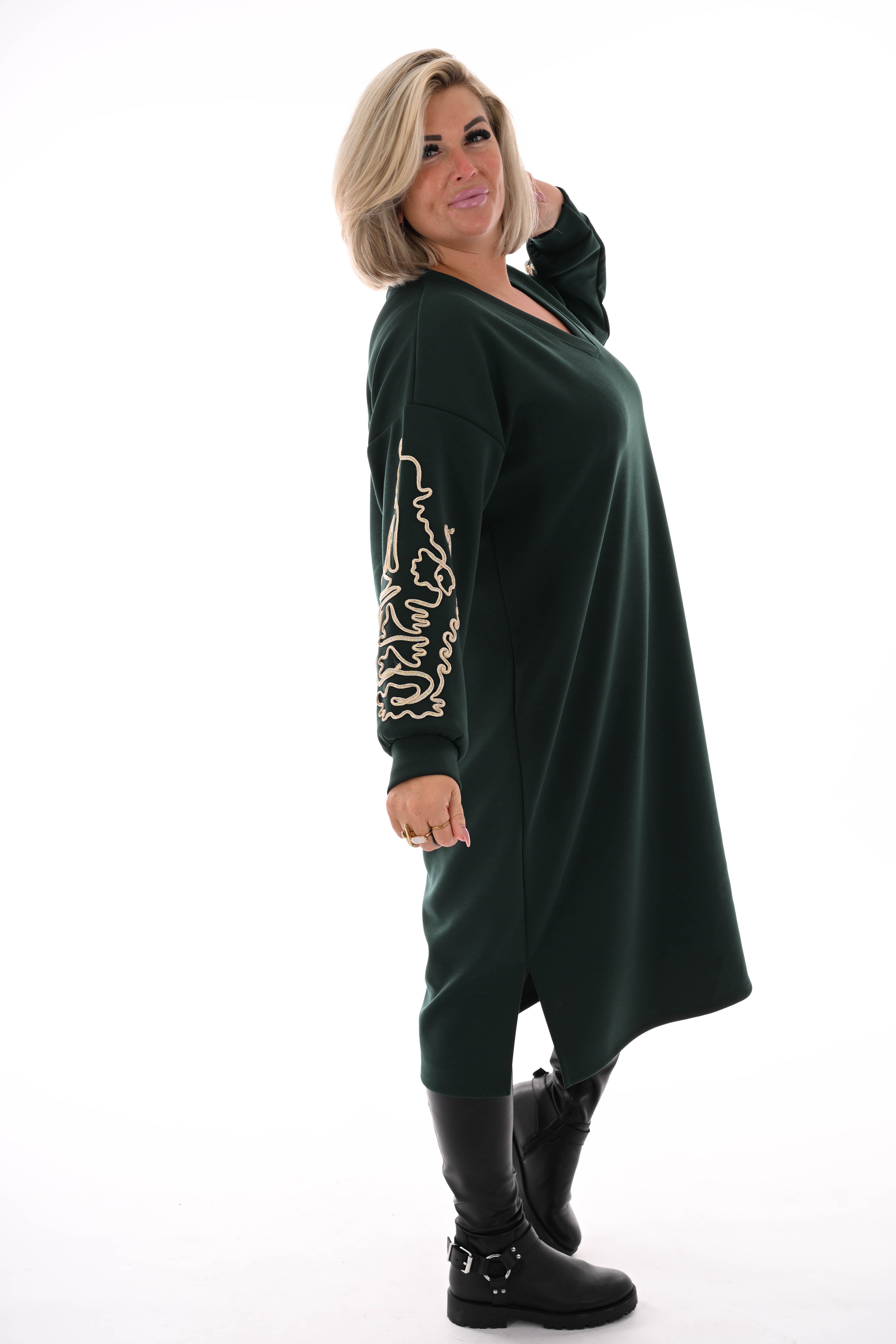 Sweaterdress gouden borduursels donkergroen