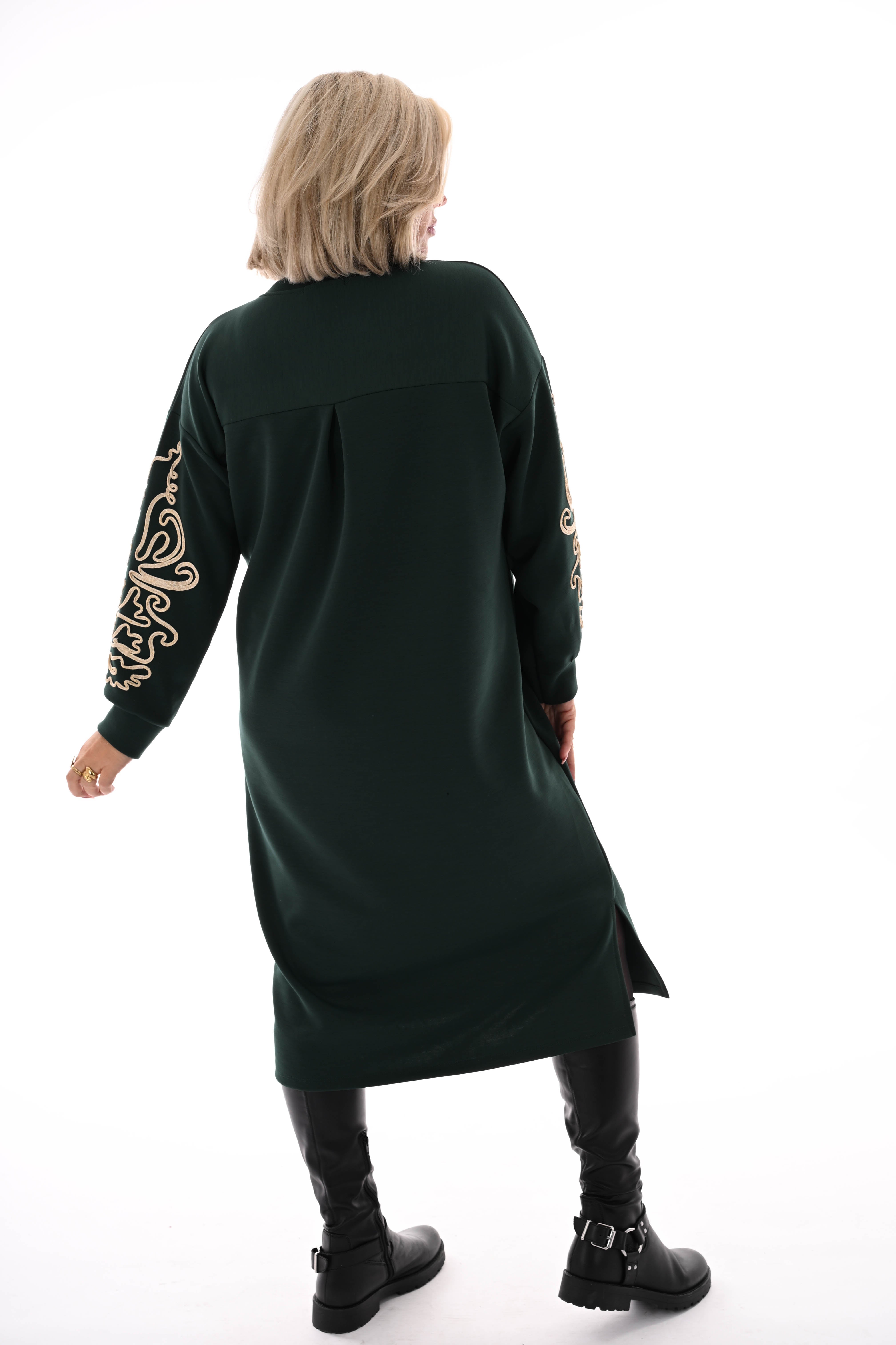 Sweaterdress gouden borduursels donkergroen