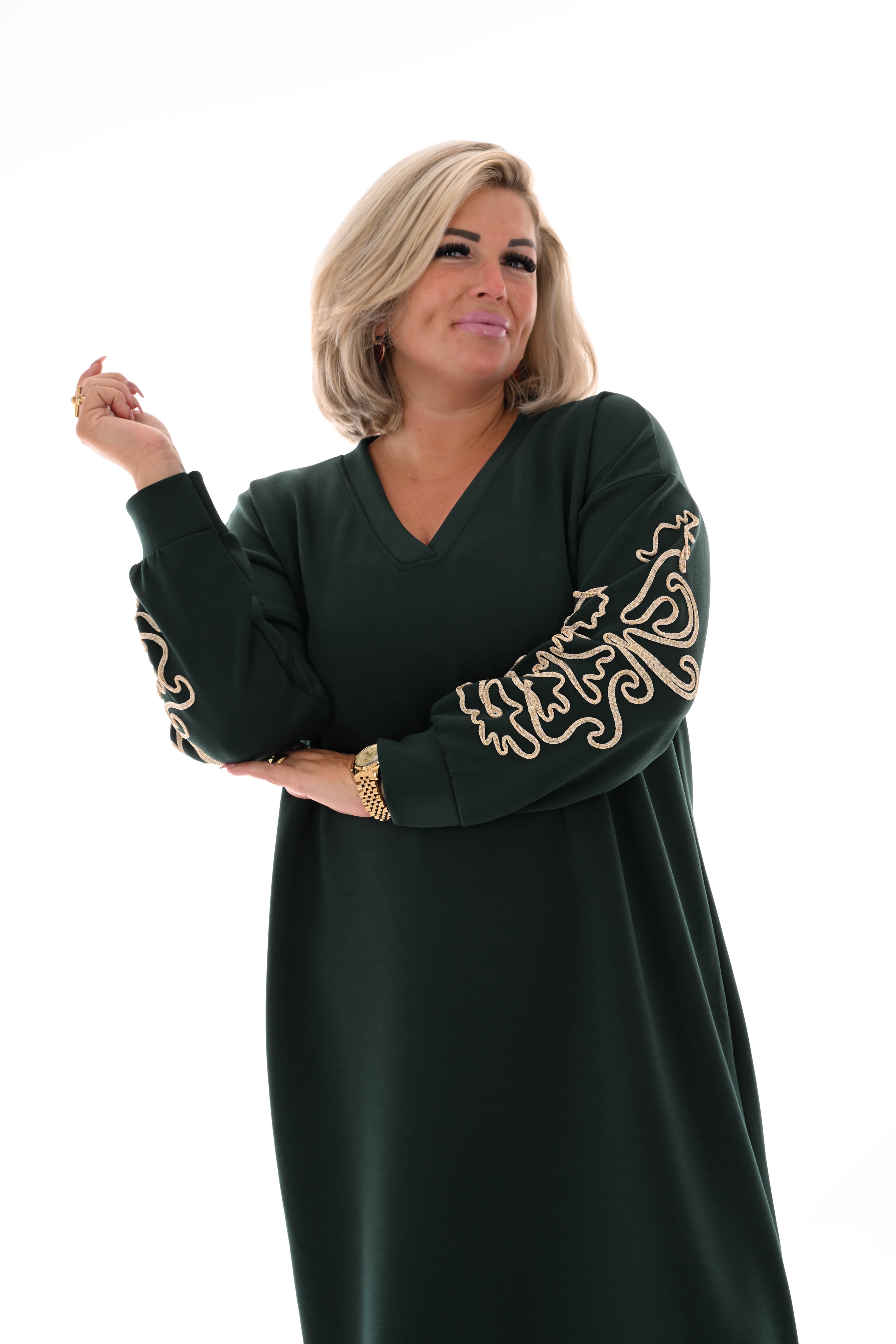 Sweaterdress gouden borduursels donkergroen