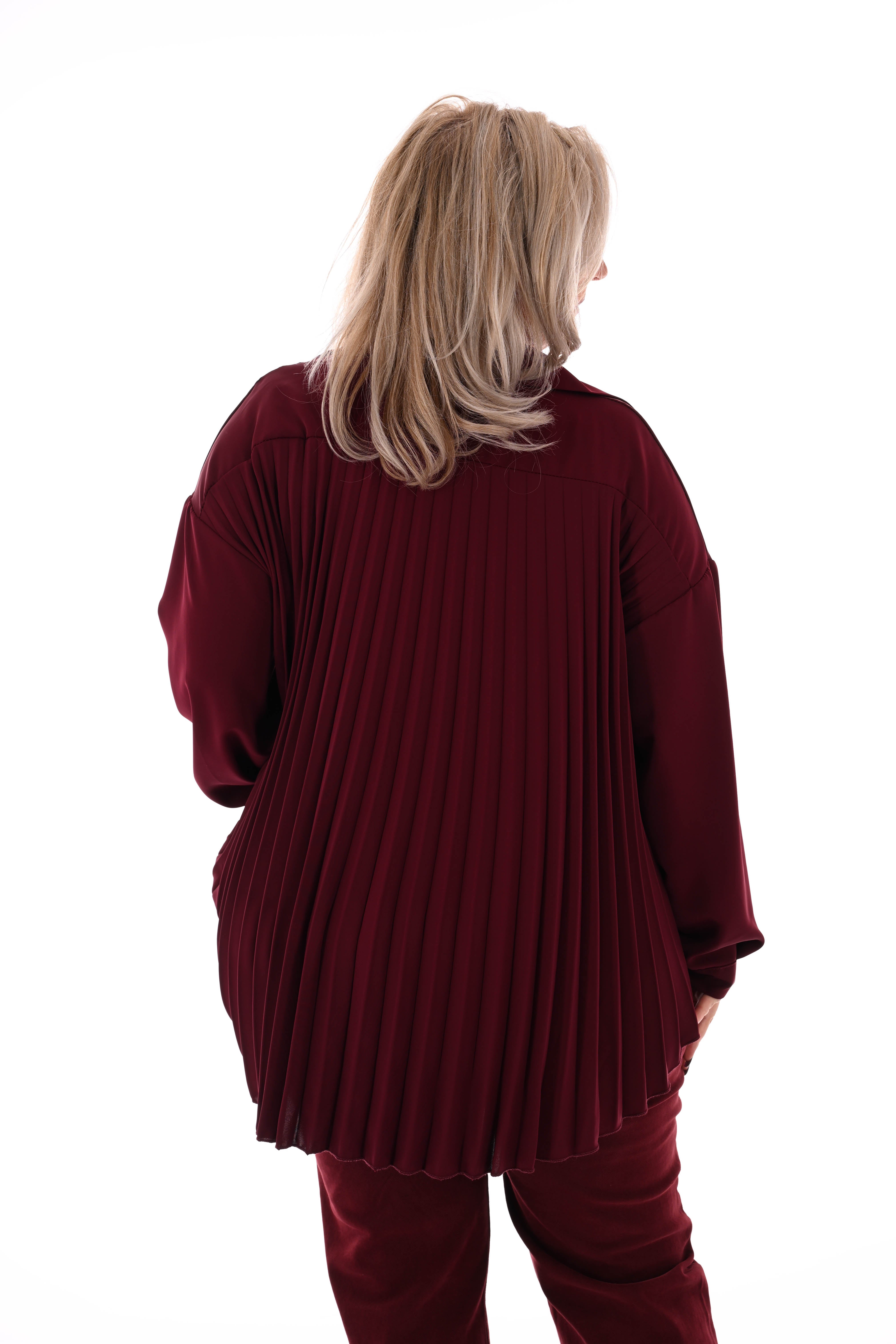 Doorknoop blouse uni plisse rug aubergine