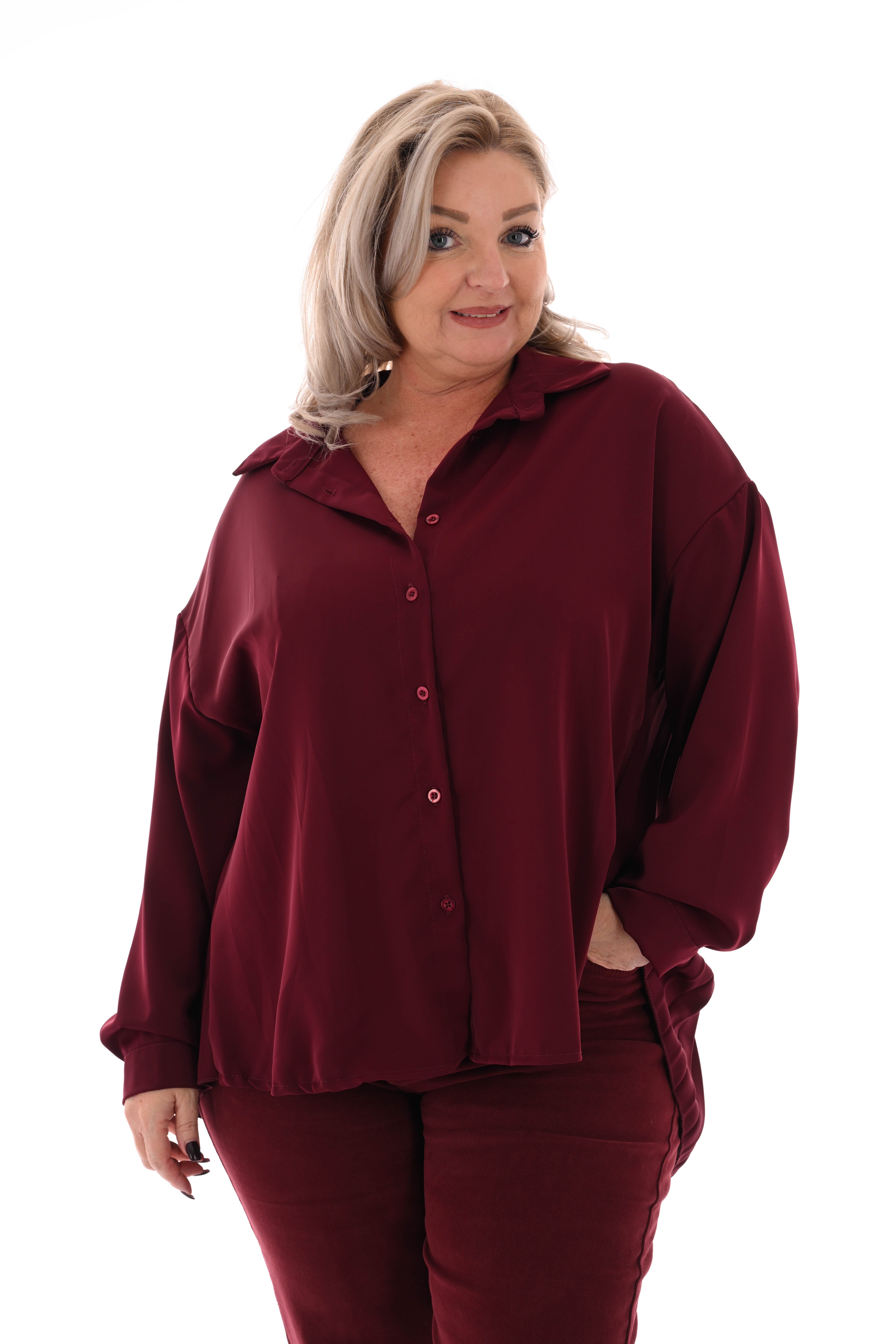 Doorknoop blouse uni plisse rug aubergine