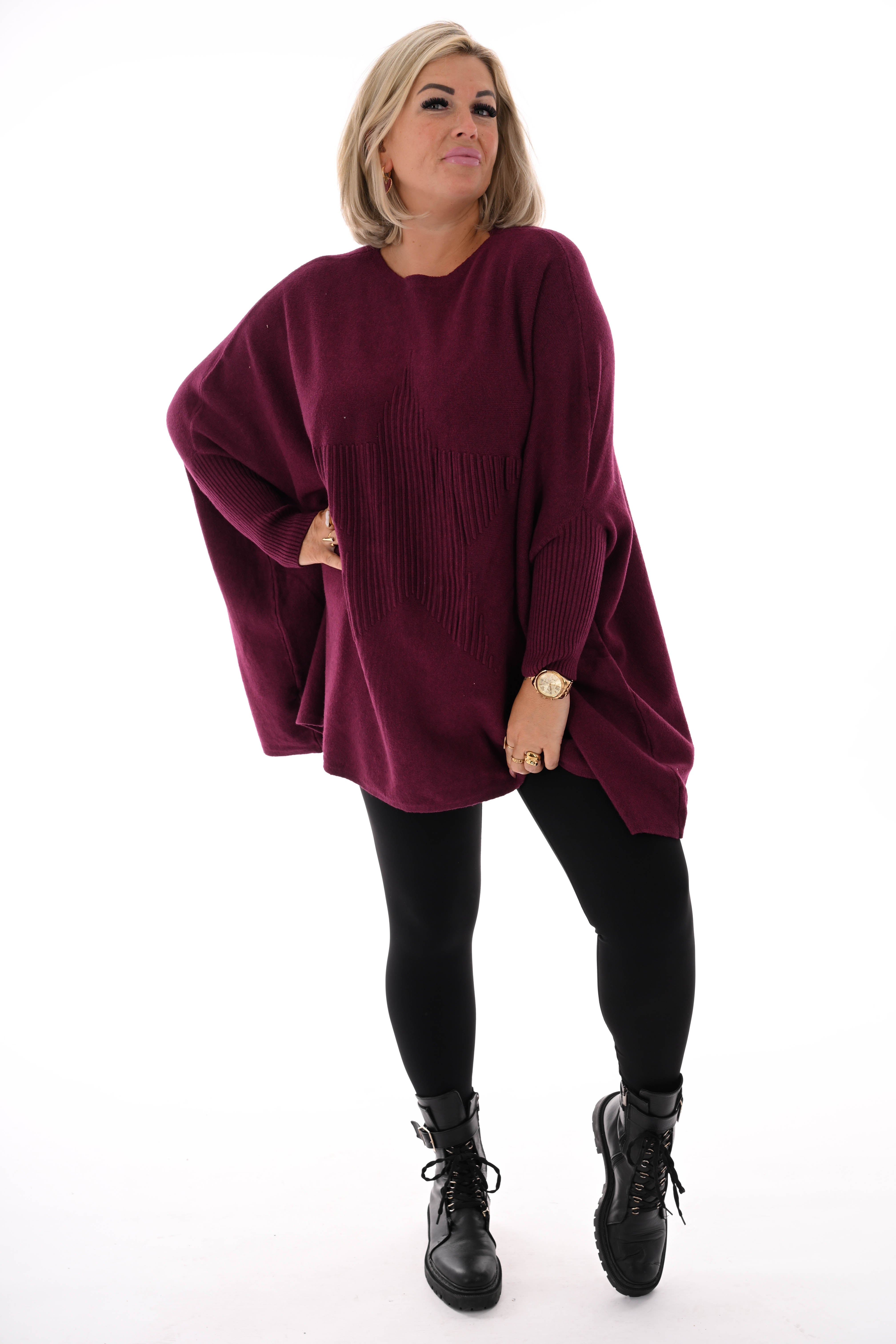 Trui met ster ronde hals aubergine