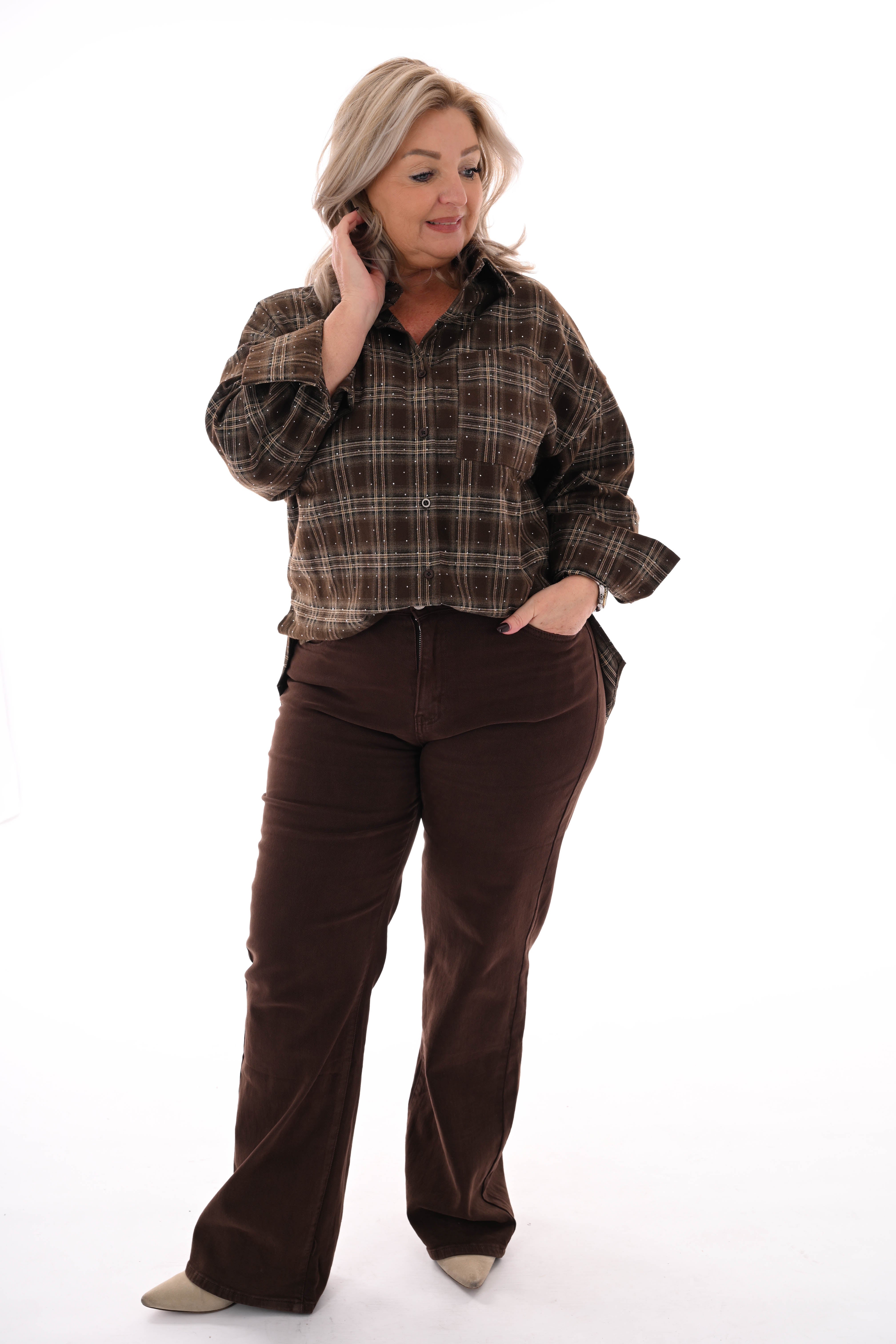 Houthakkers blouse met strass steentjes bruin