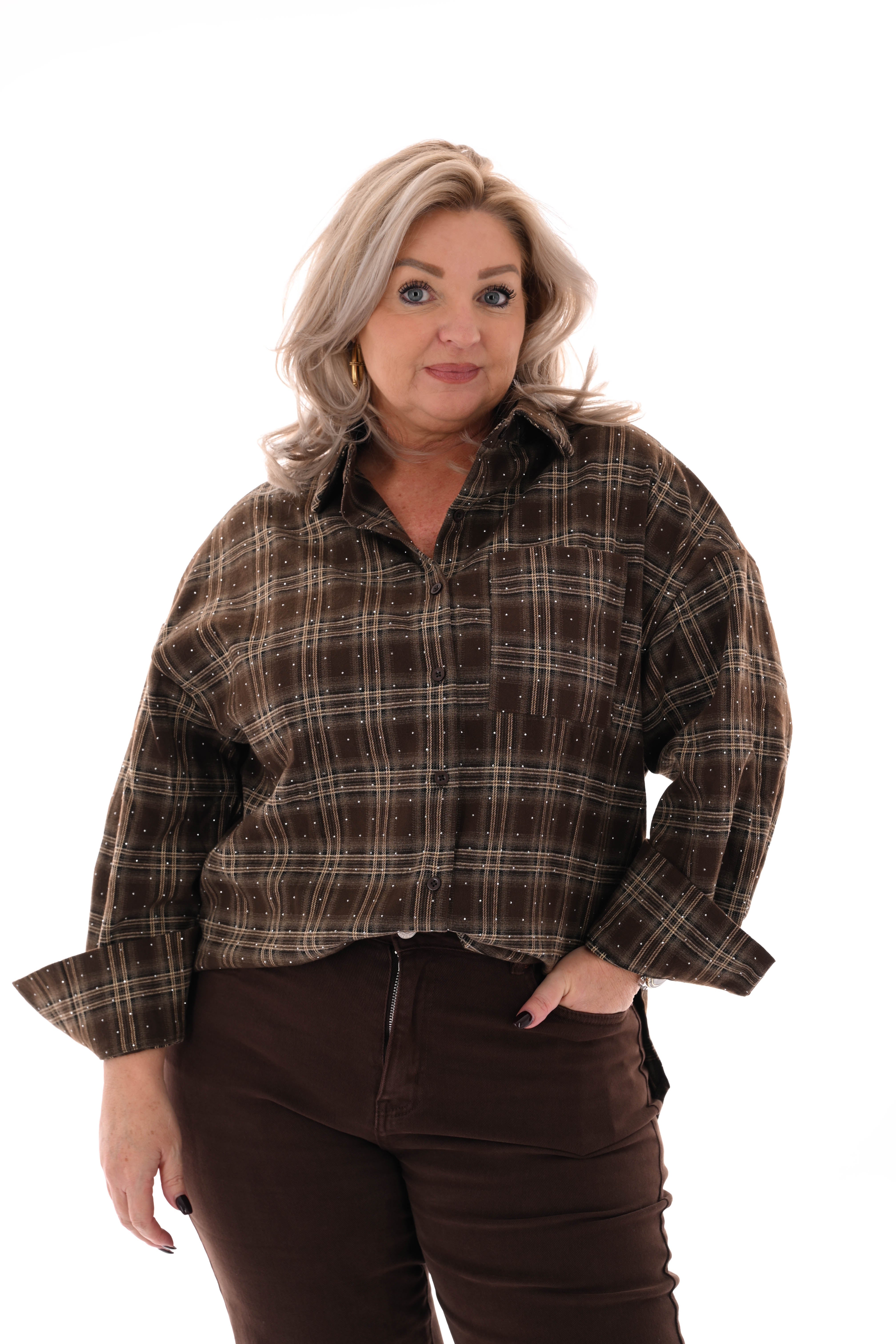 Houthakkers blouse met strass steentjes bruin