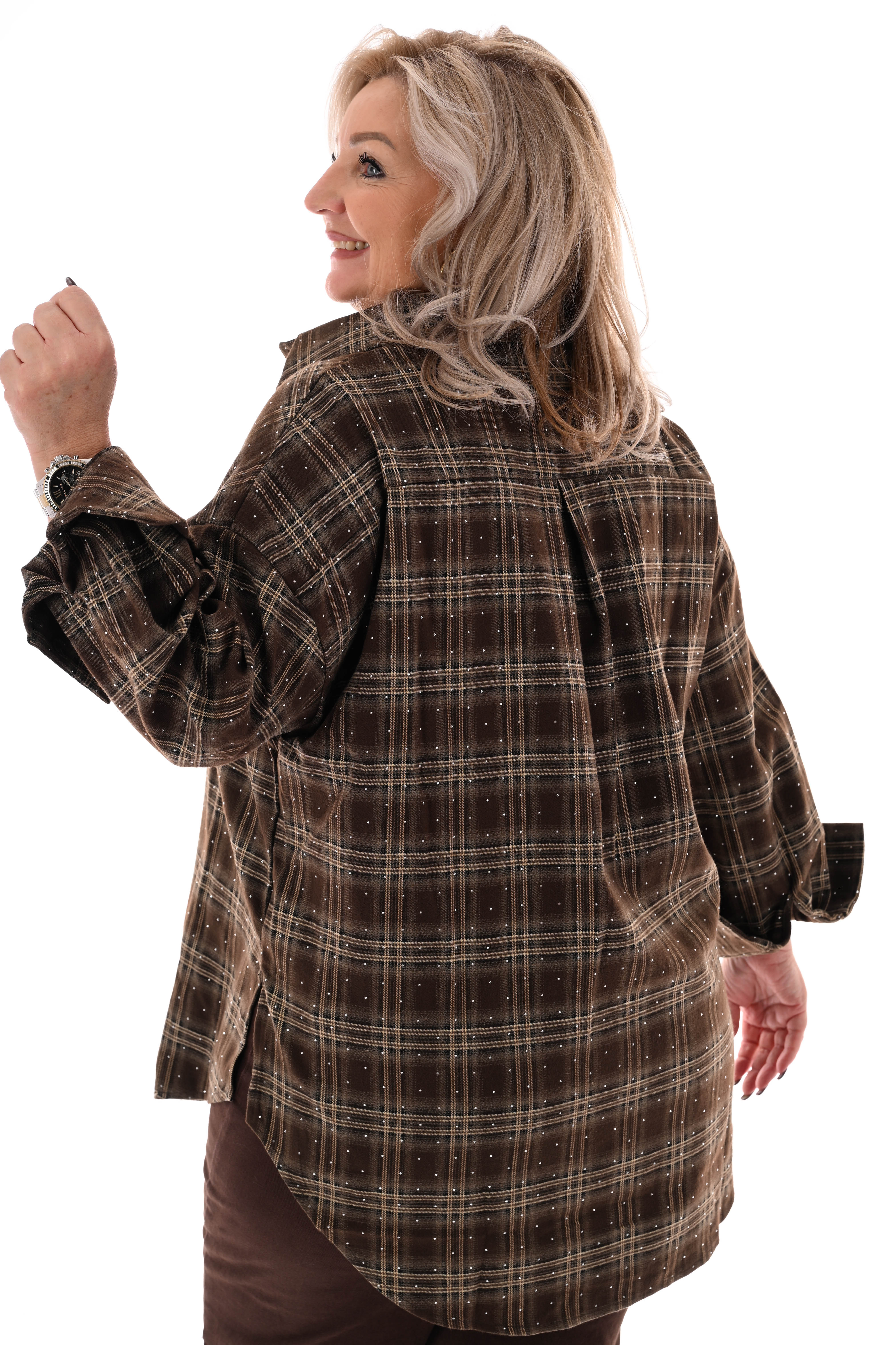 Houthakkers blouse met strass steentjes bruin