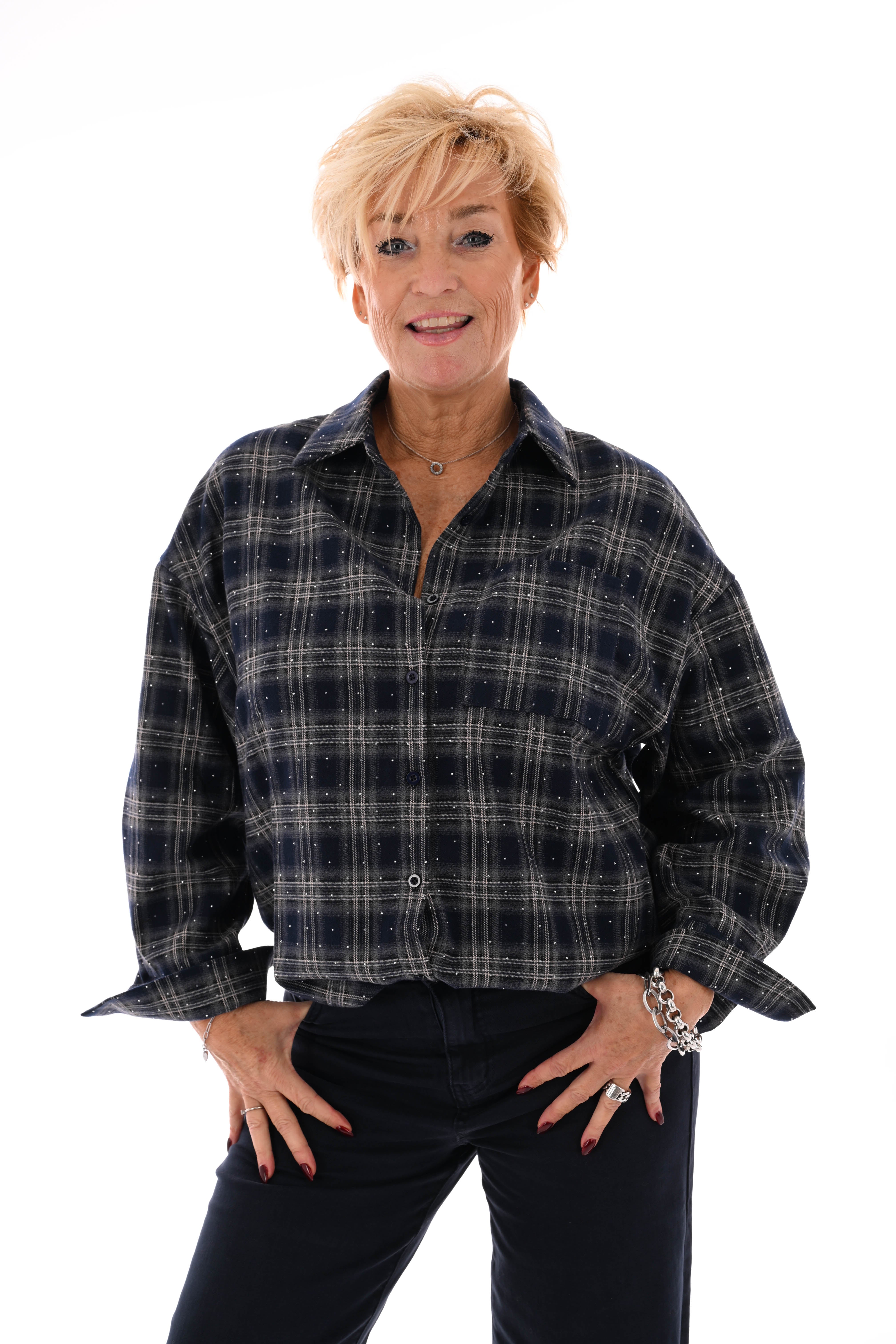 Houthakkers blouse met strass steentjes marineblauw