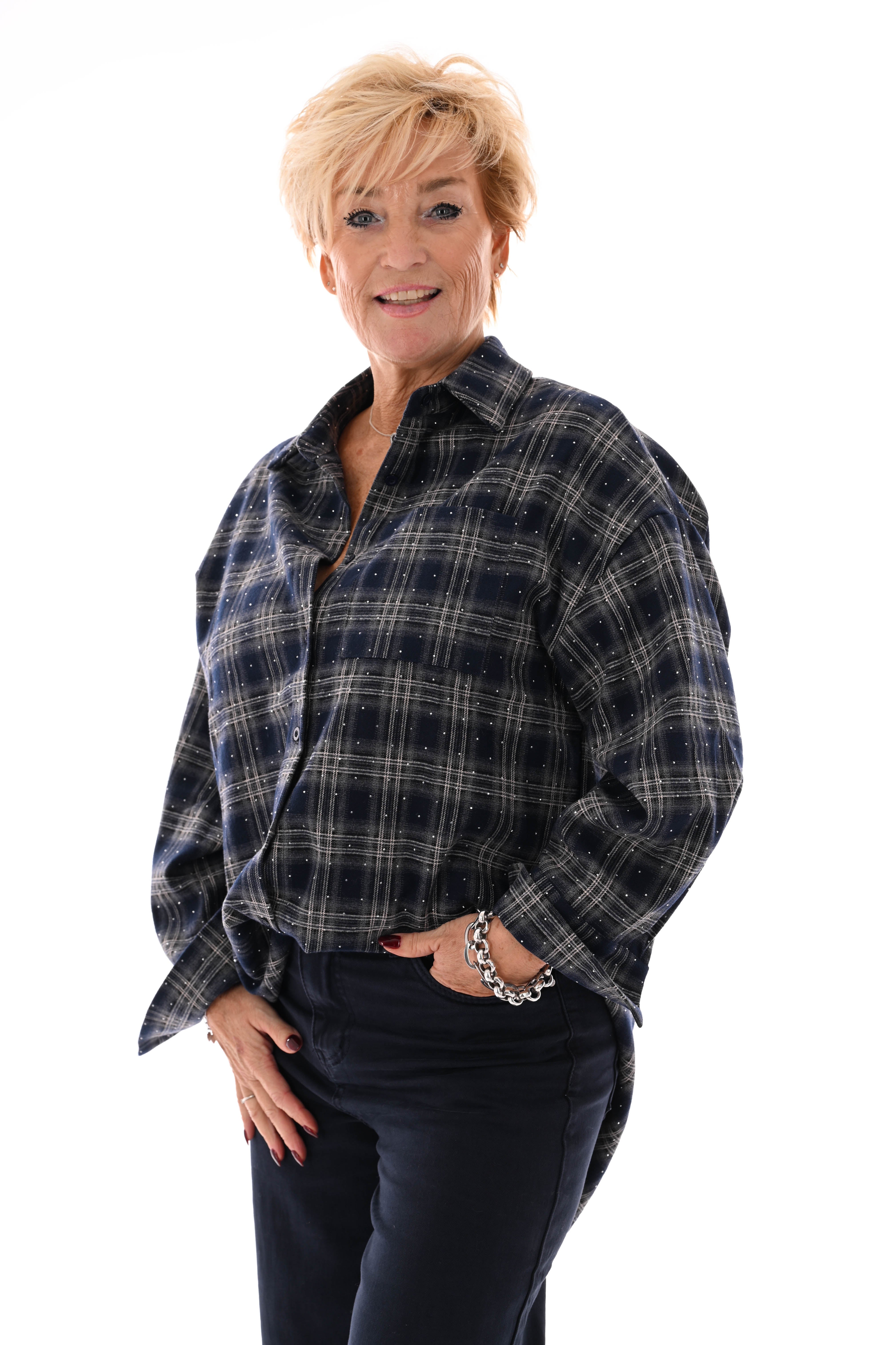 Houthakkers blouse met strass steentjes marineblauw