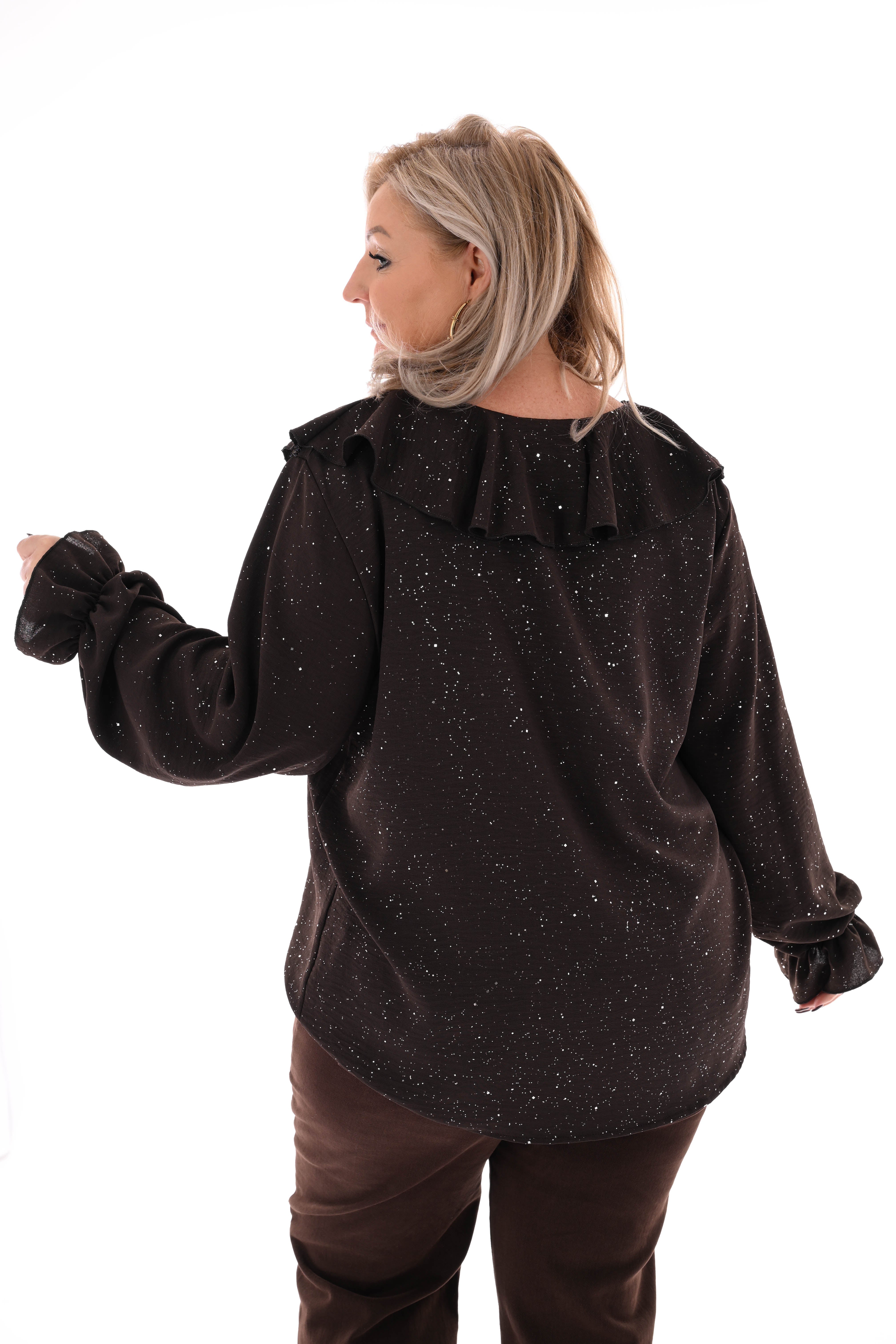 Blouse v-hals roezels glitter donkerbruin