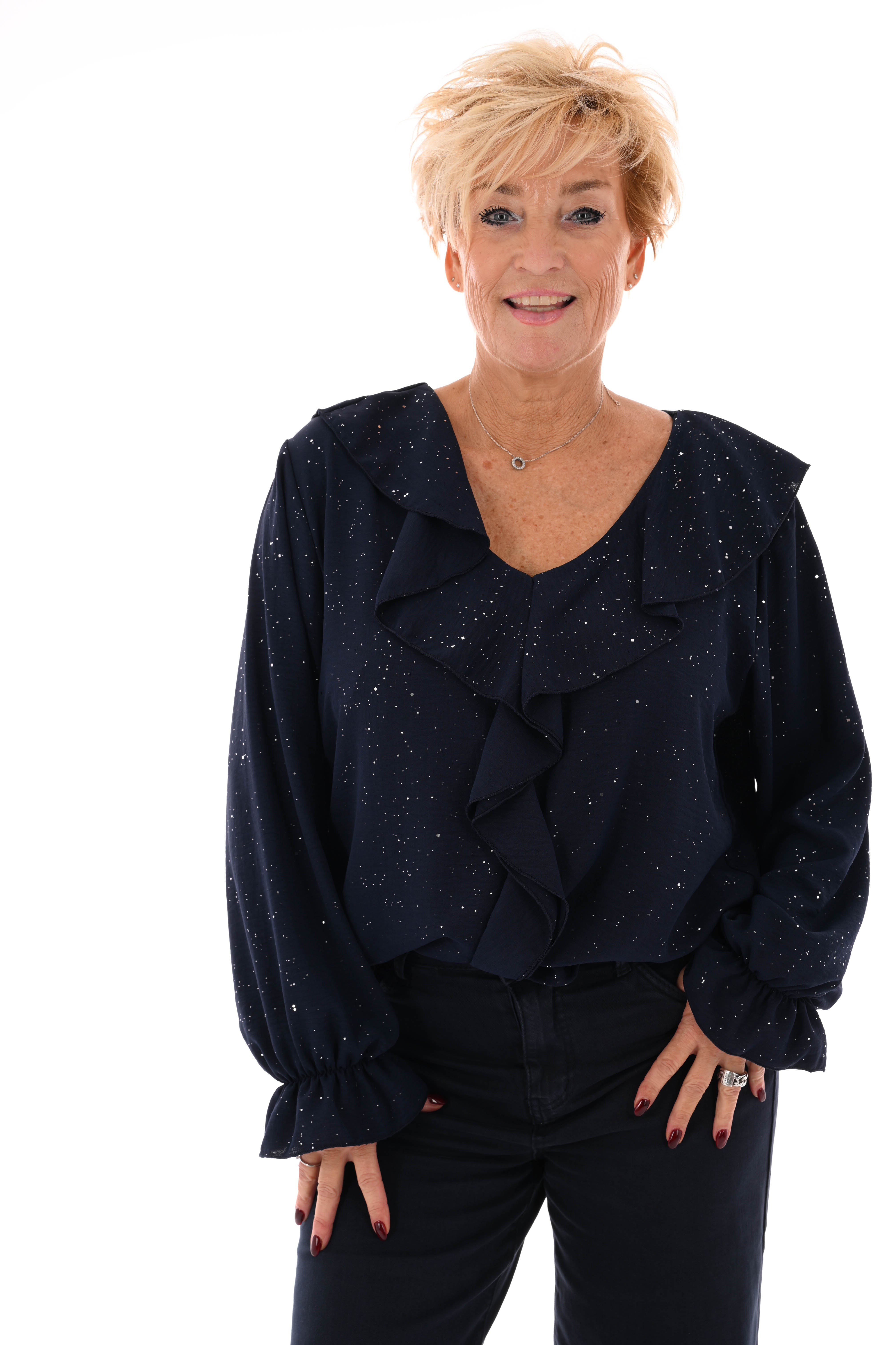 Blouse v-hals roezels glitter marineblauw