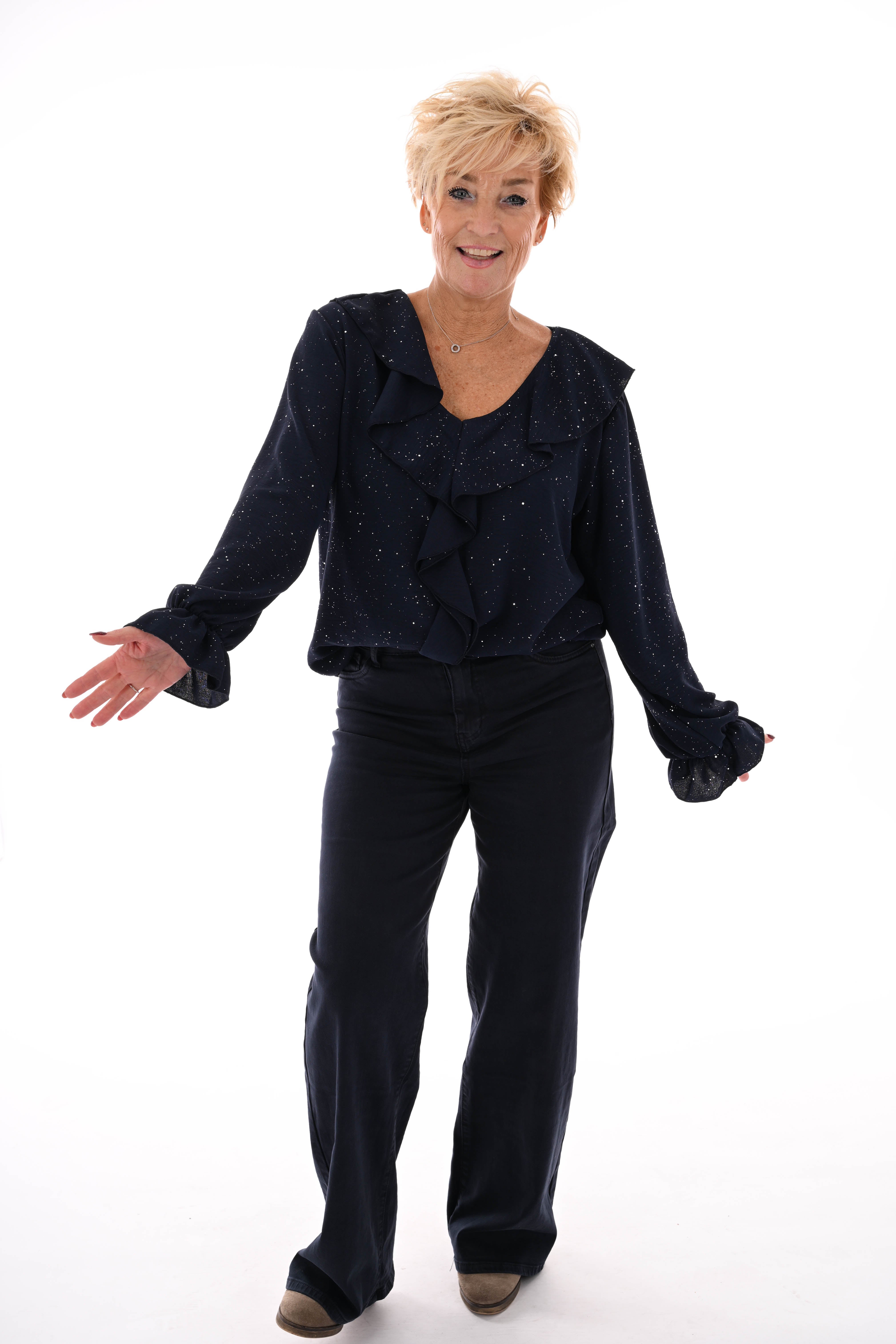 Blouse v-hals roezels glitter marineblauw