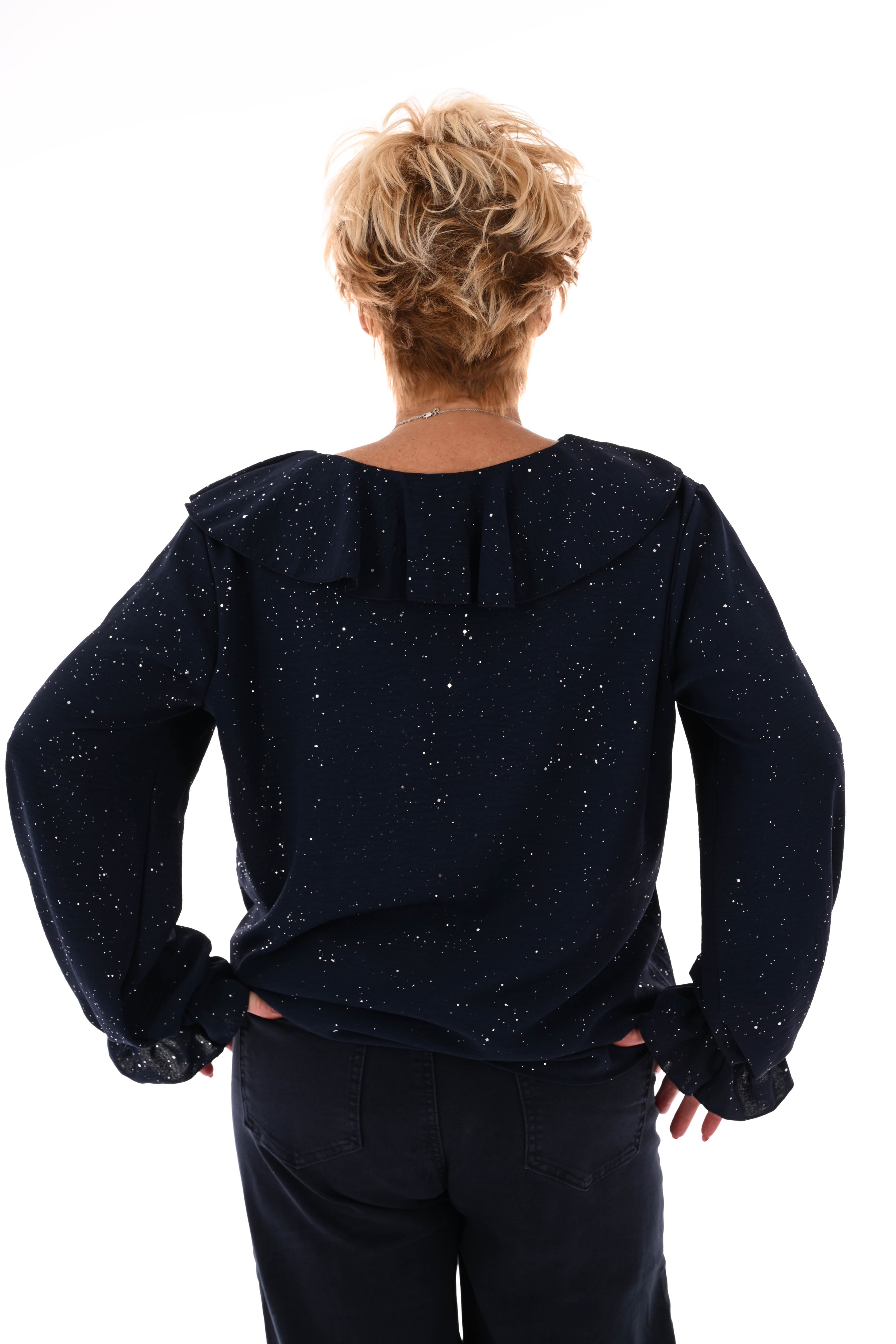 Blouse v-hals roezels glitter marineblauw