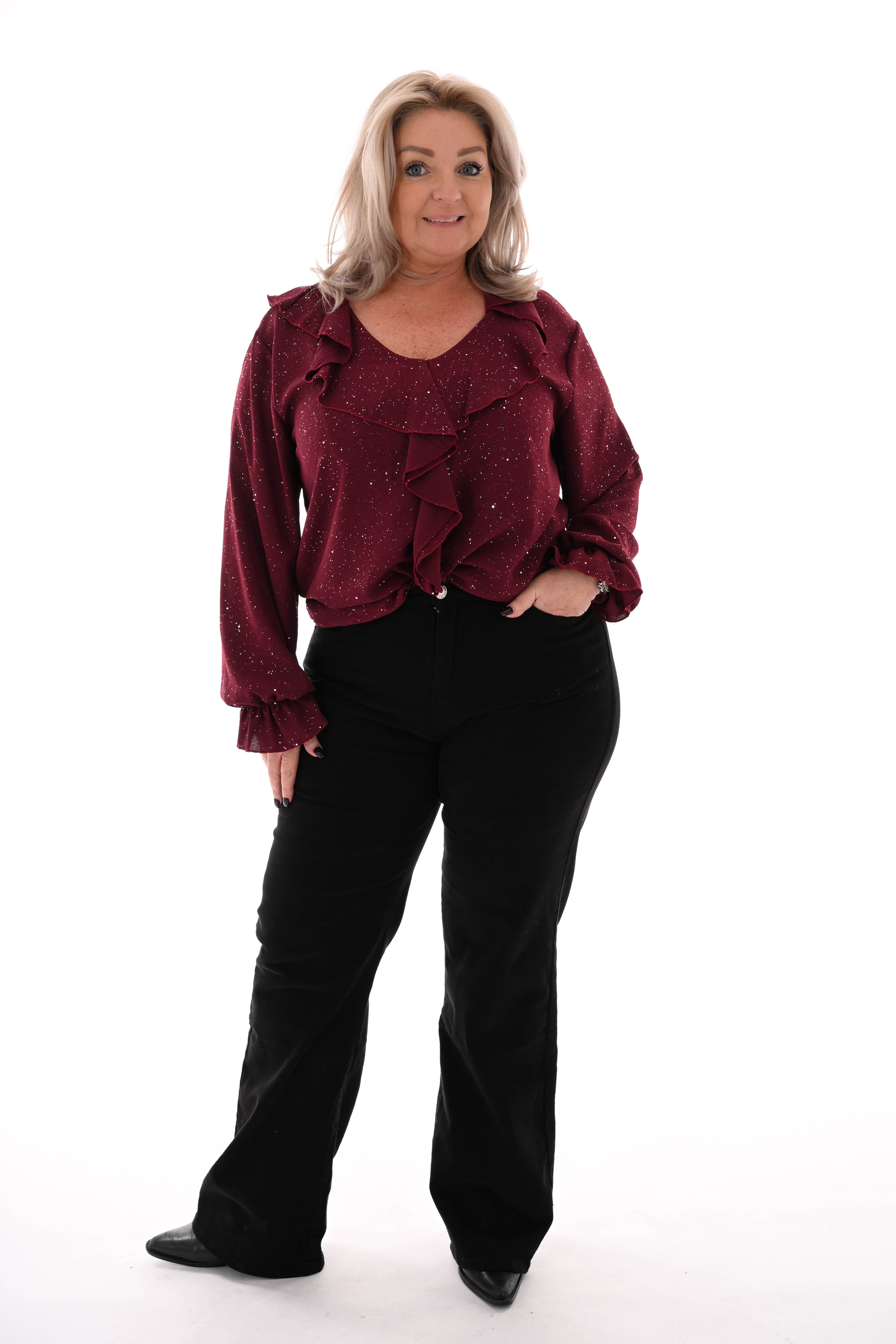 Blouse v-hals roezels glitter bordeaux