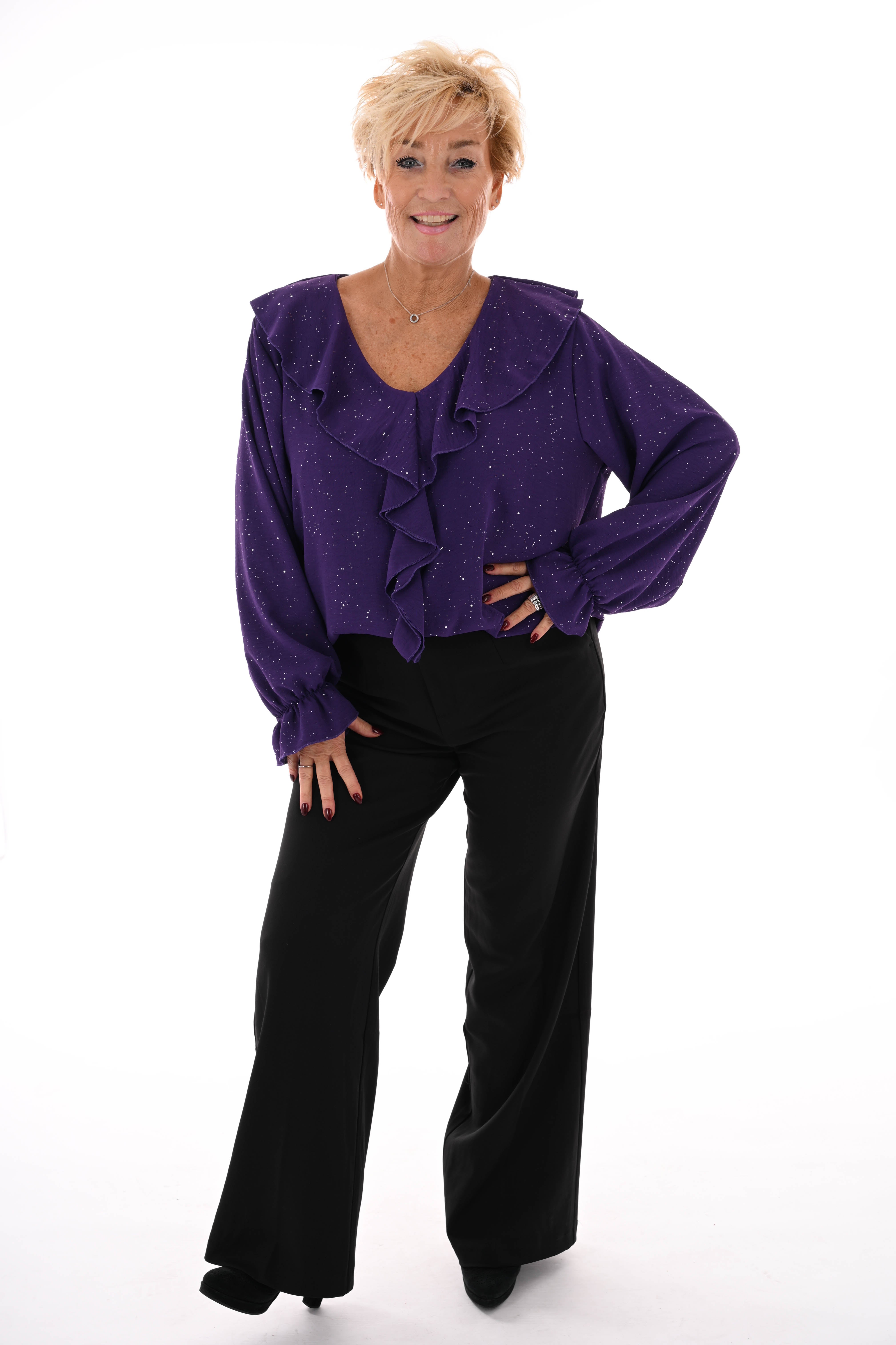 Blouse v-hals roezels glitter paars