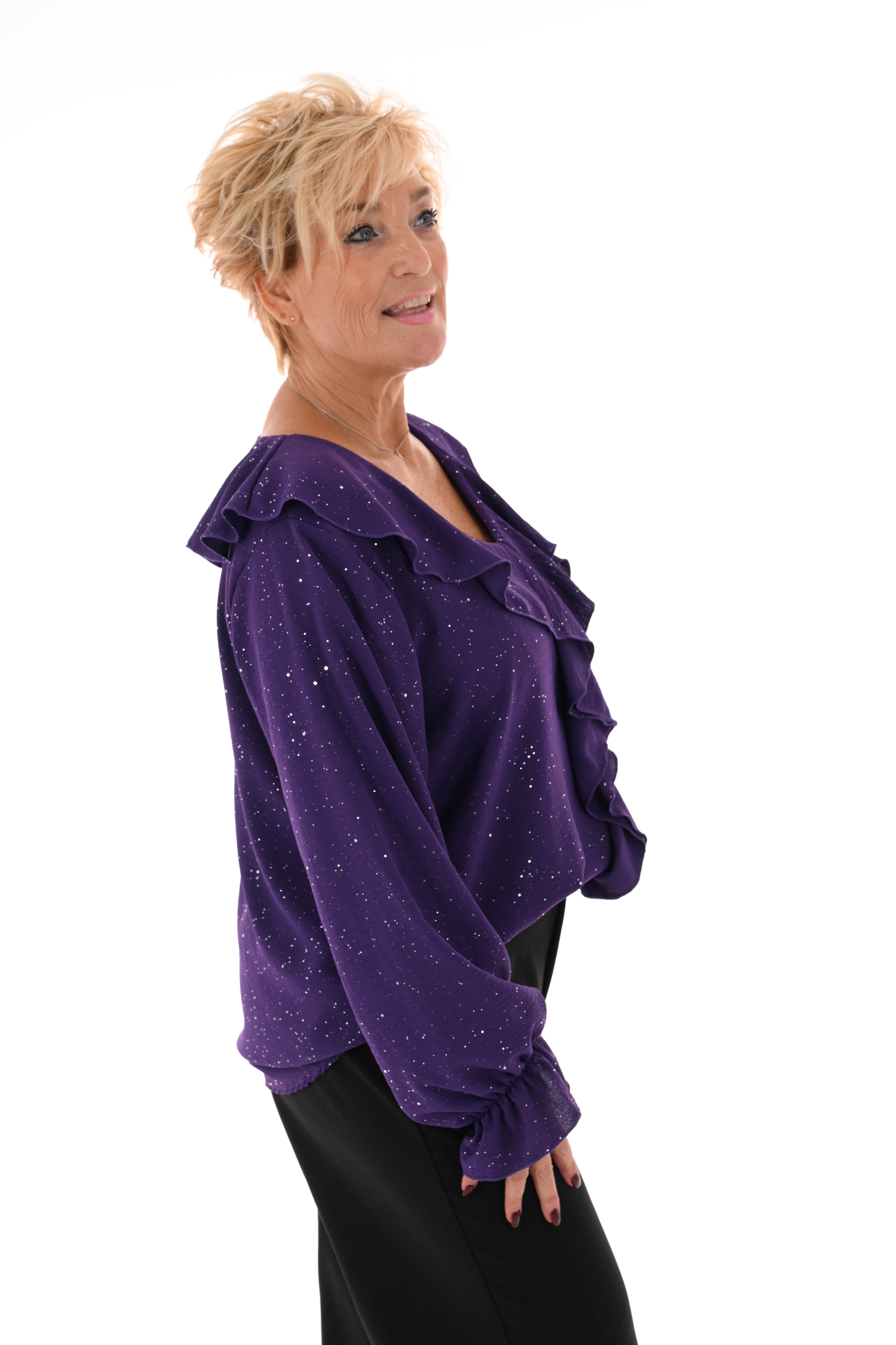 Blouse v-hals roezels glitter paars
