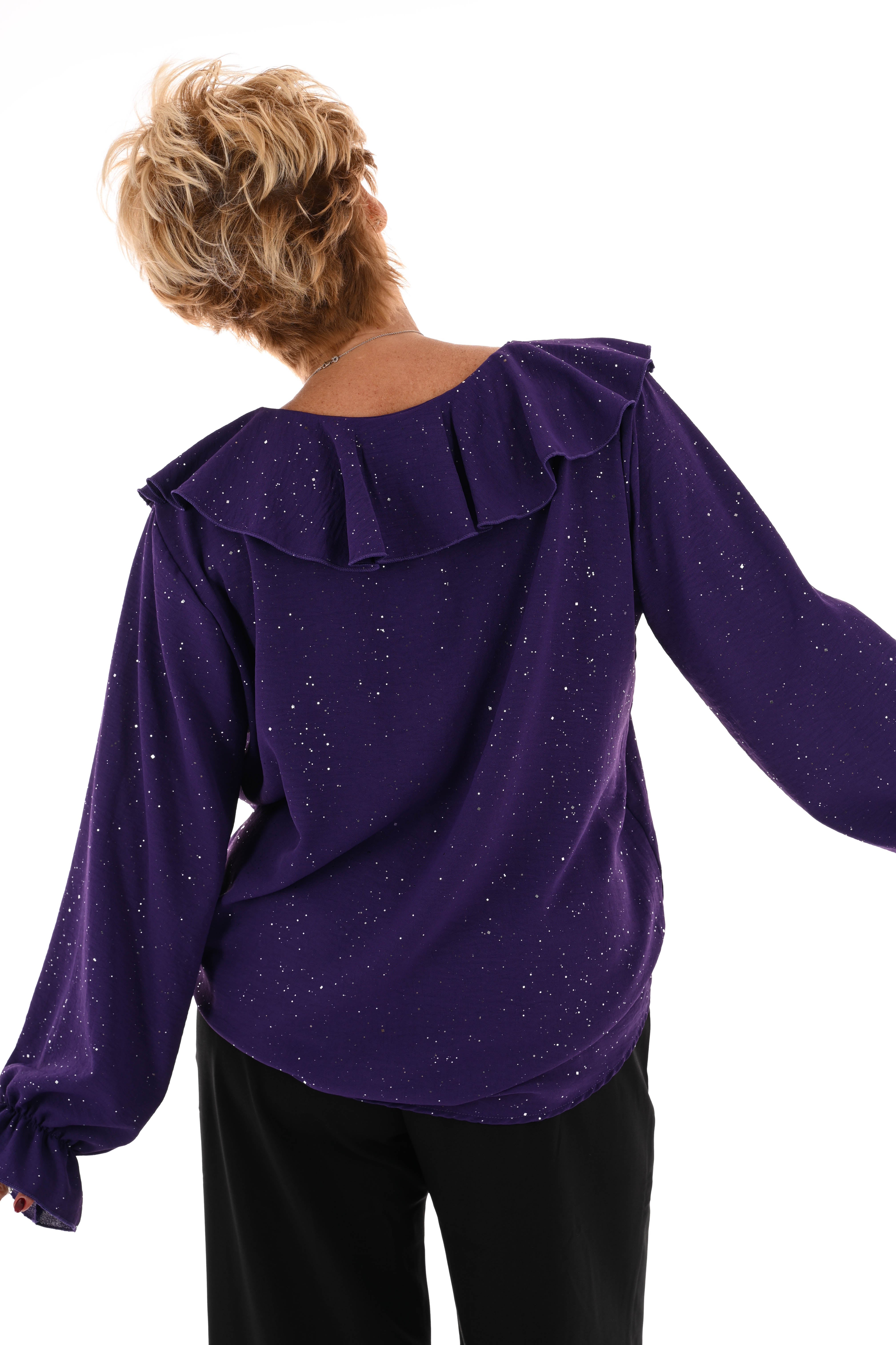 Blouse v-hals roezels glitter paars