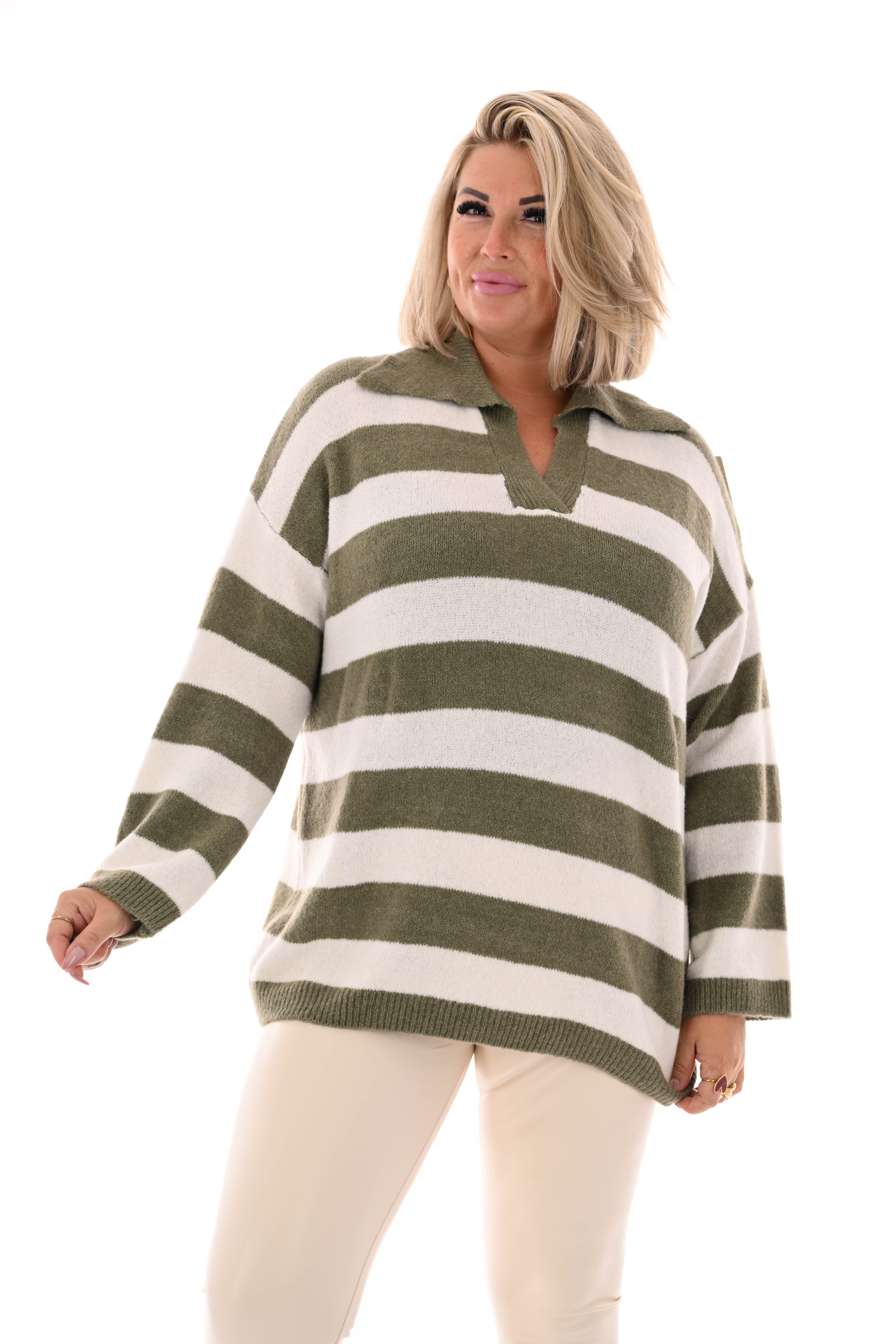 Fijn gebreide trui met kraag strepen olijfgroen/roomwit