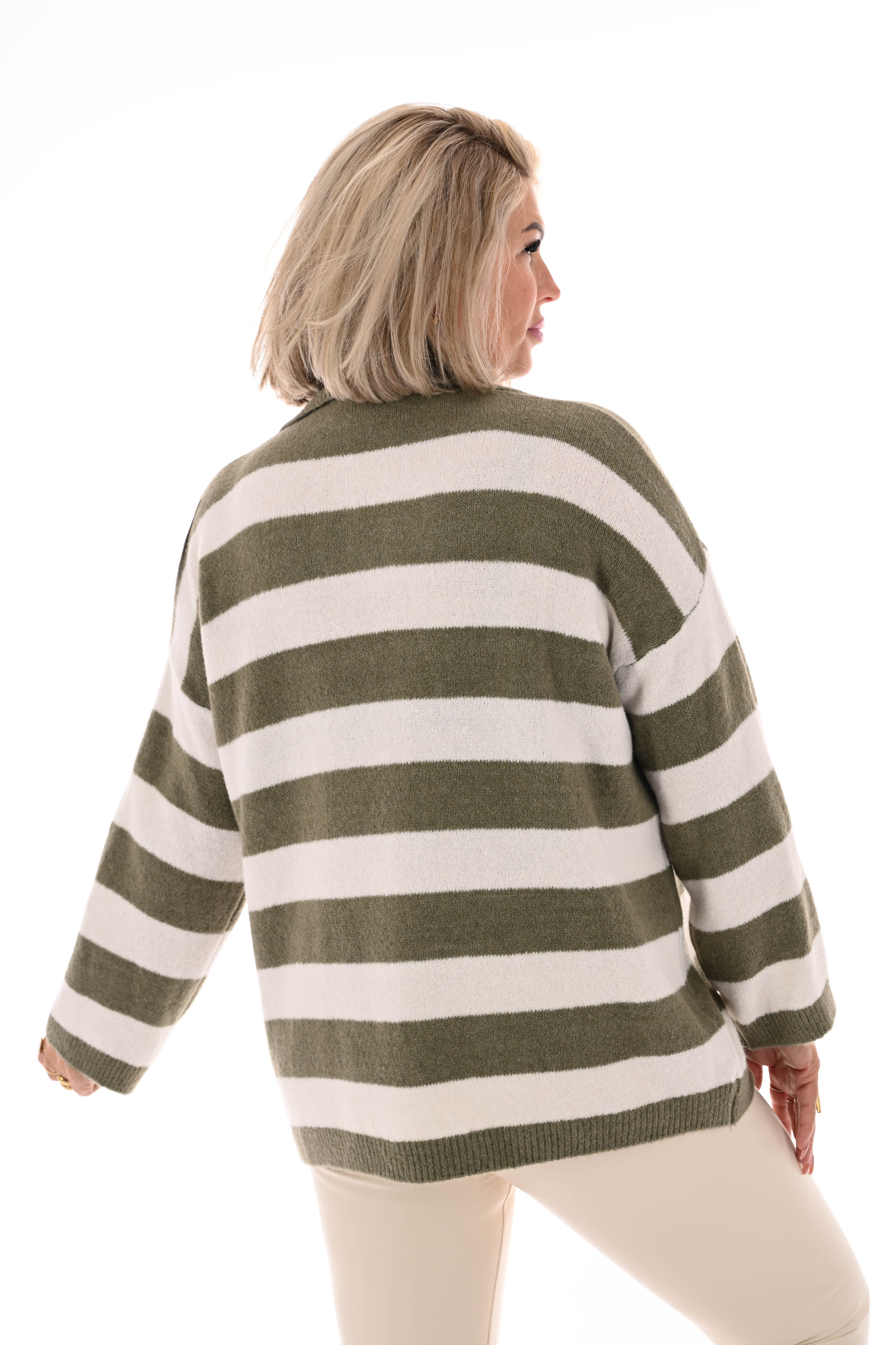 Fijn gebreide trui met kraag strepen olijfgroen/roomwit