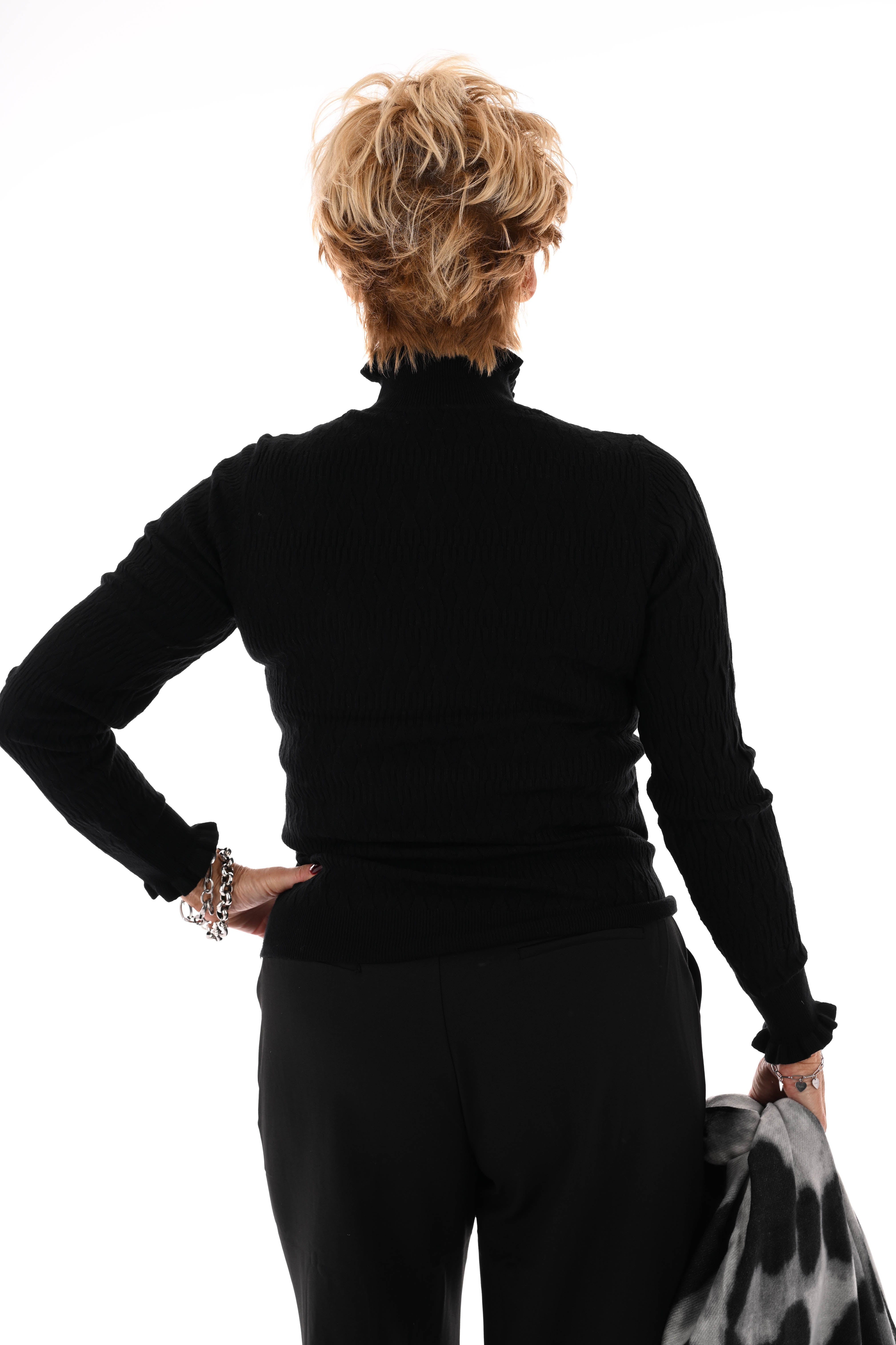 Top structuur met roezelkraag zwart