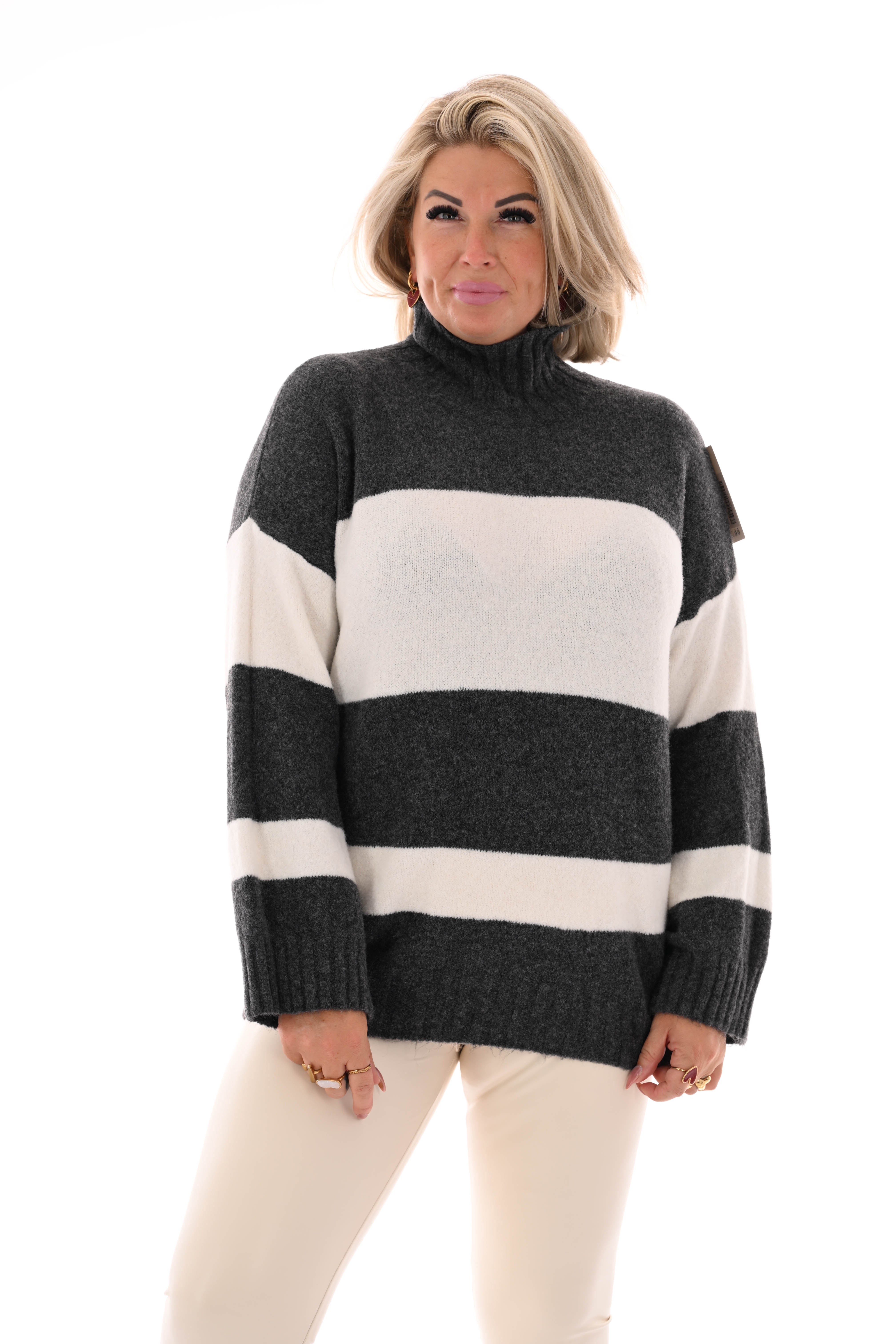 Oversized trui streep met col antraciet