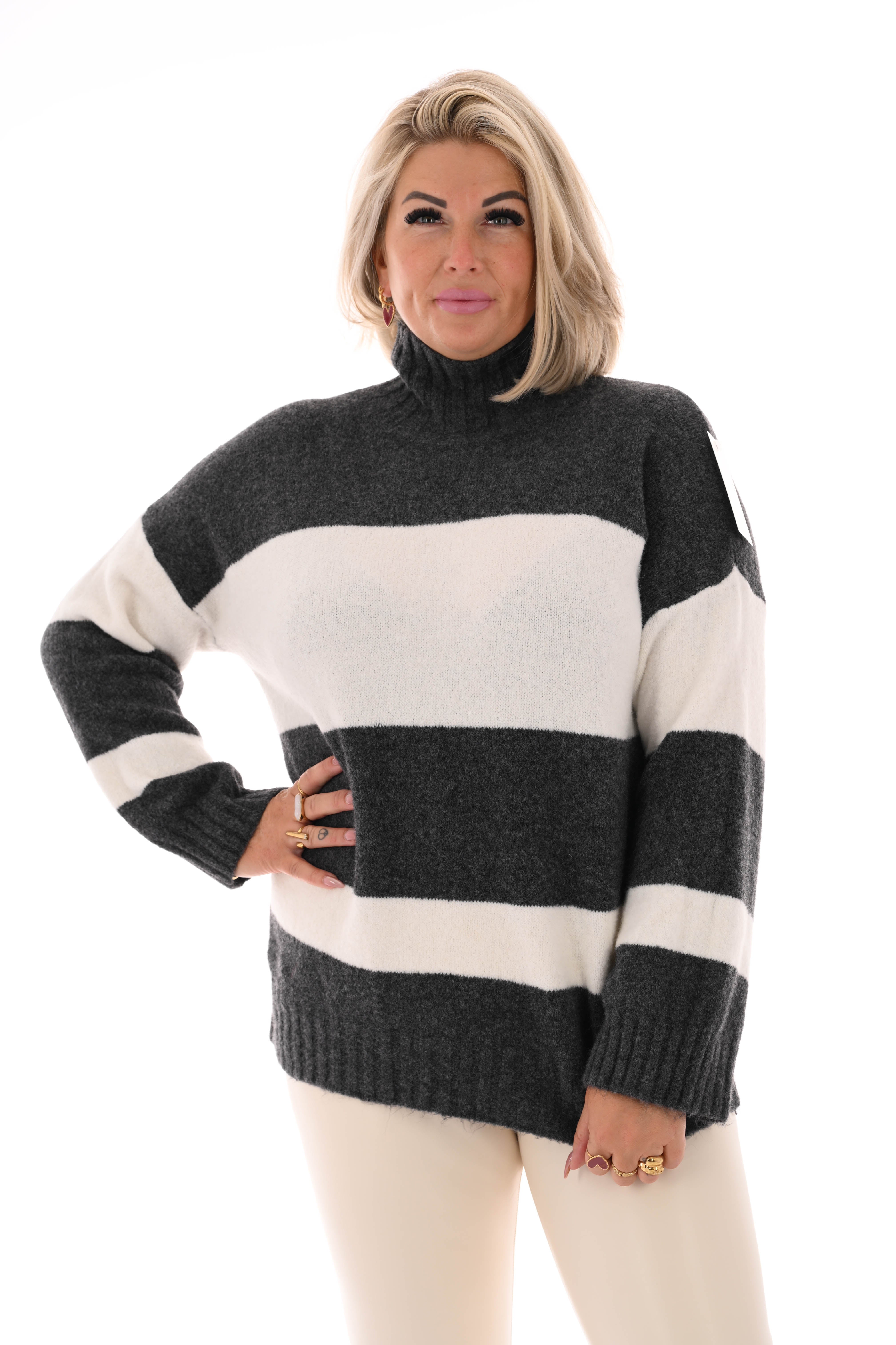 Oversized trui streep met col antraciet