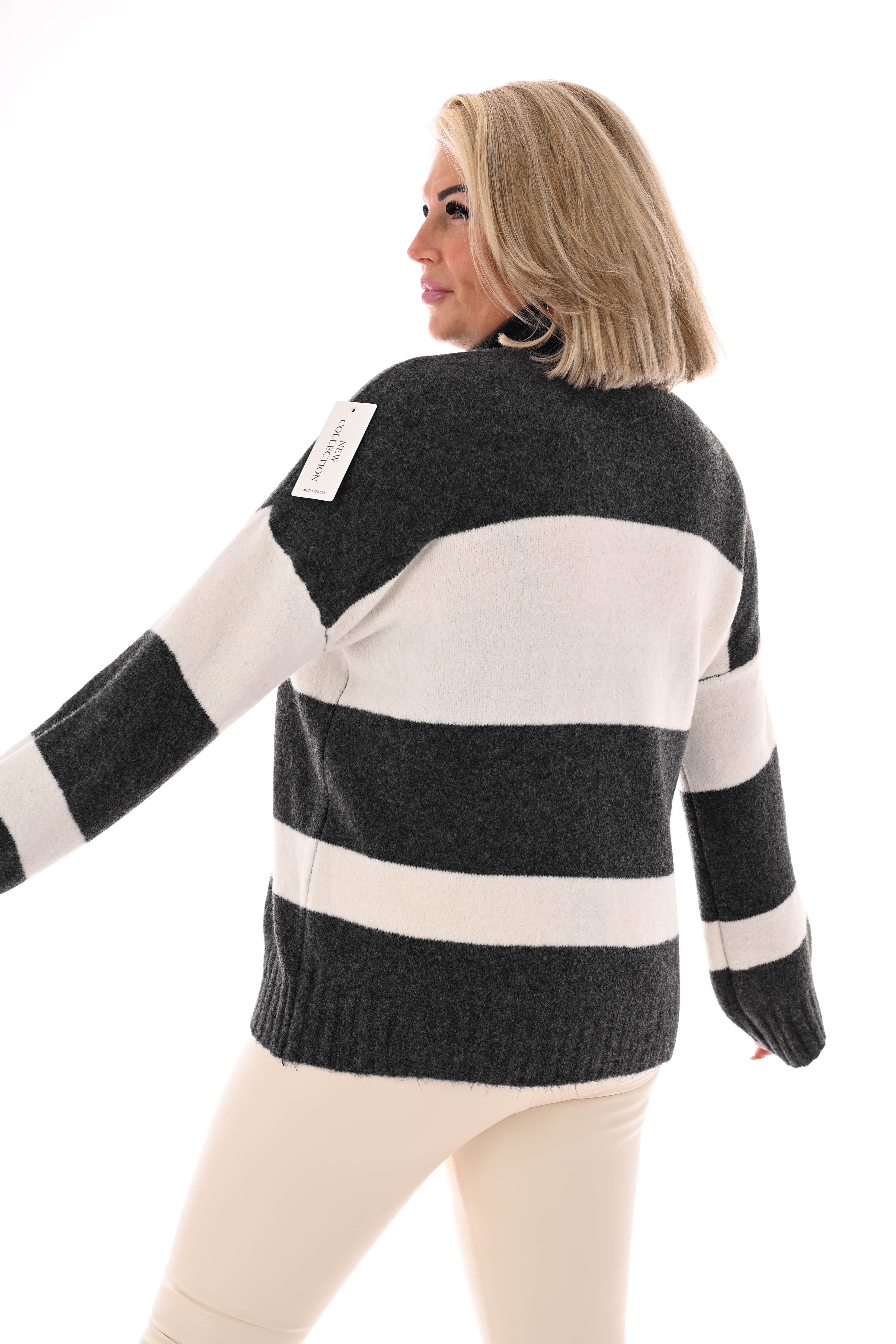 Oversized trui streep met col antraciet