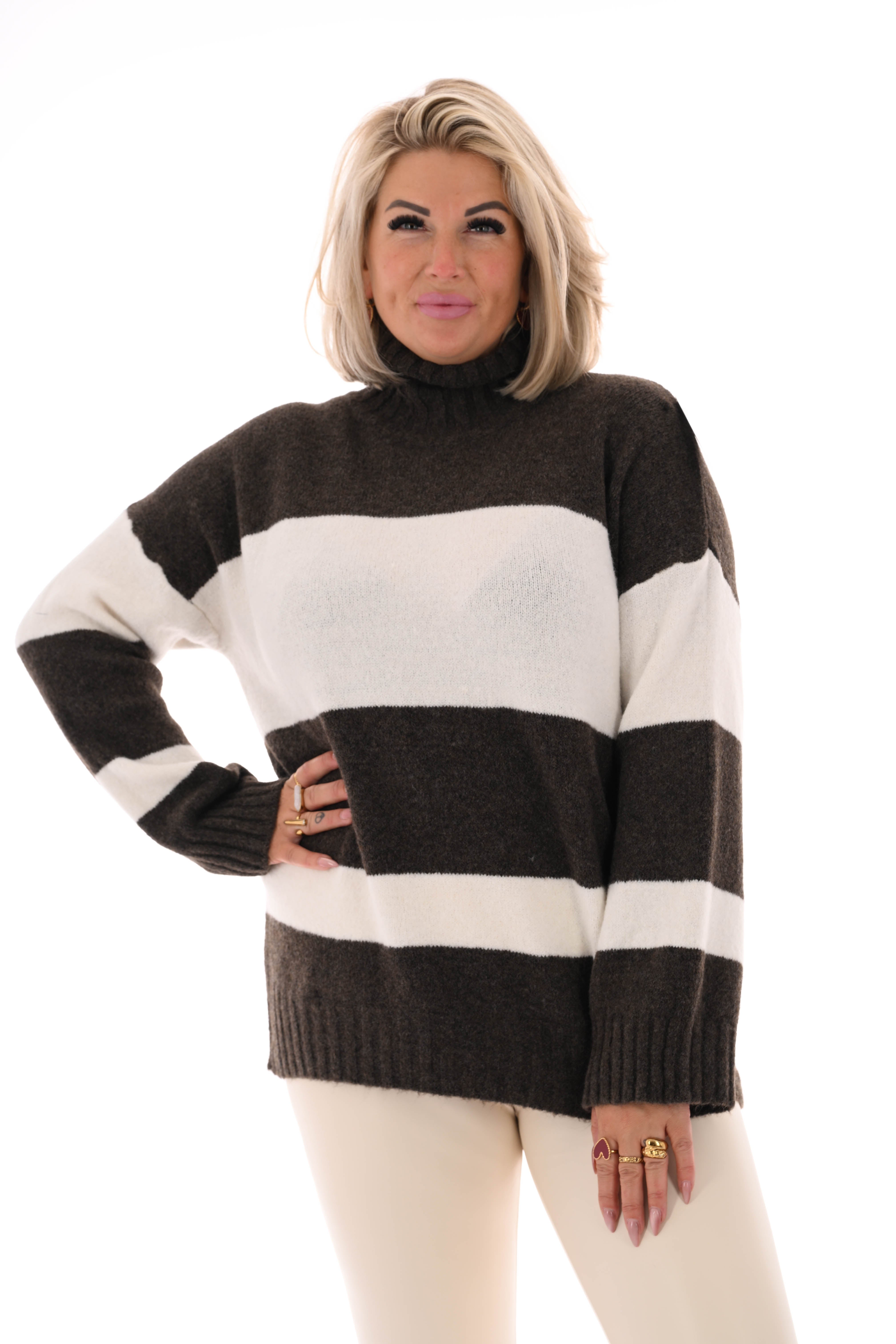 Oversized trui streep met col donkerbruin