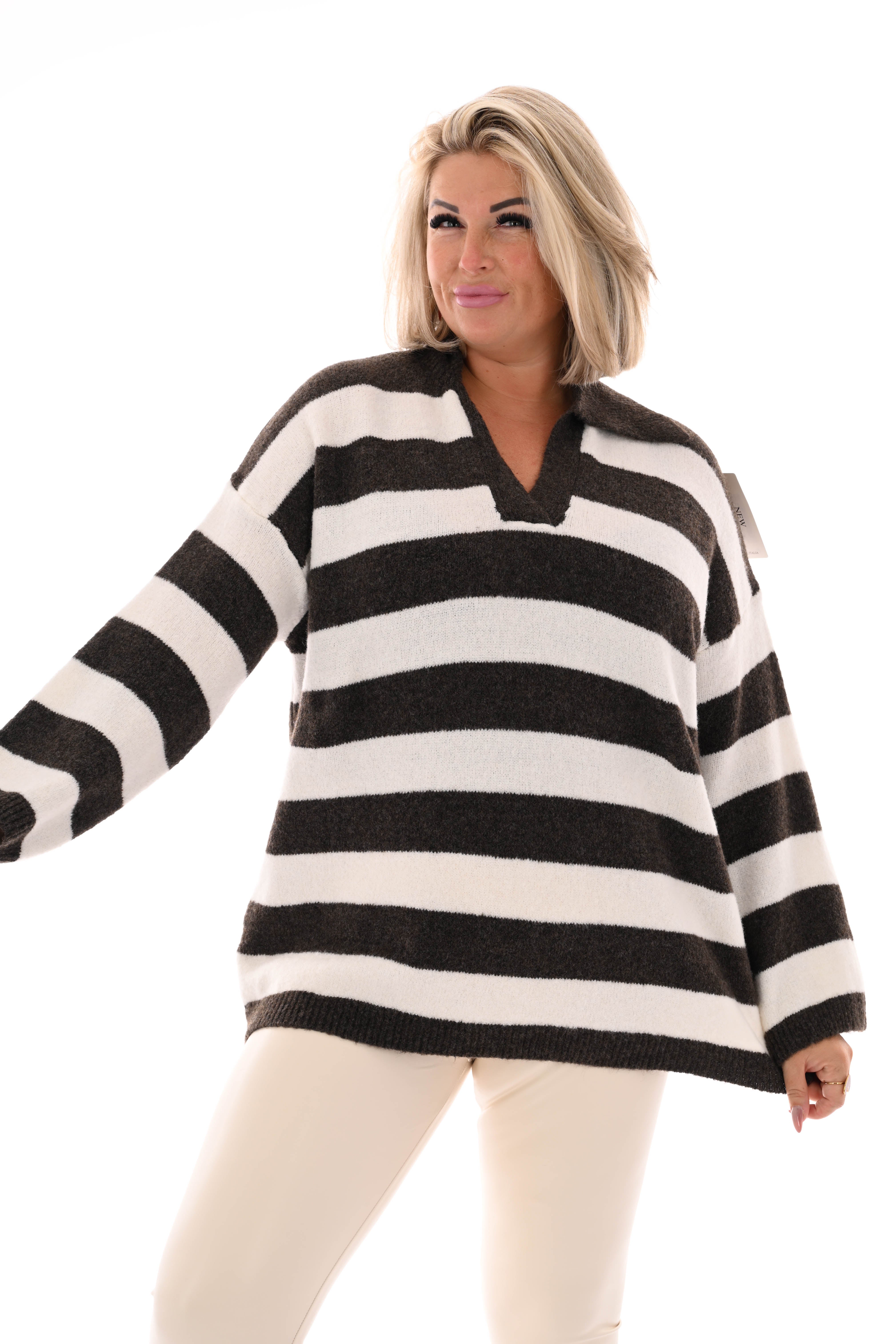 Fijn gebreide trui met kraag strepen donkerbruin/roomwit