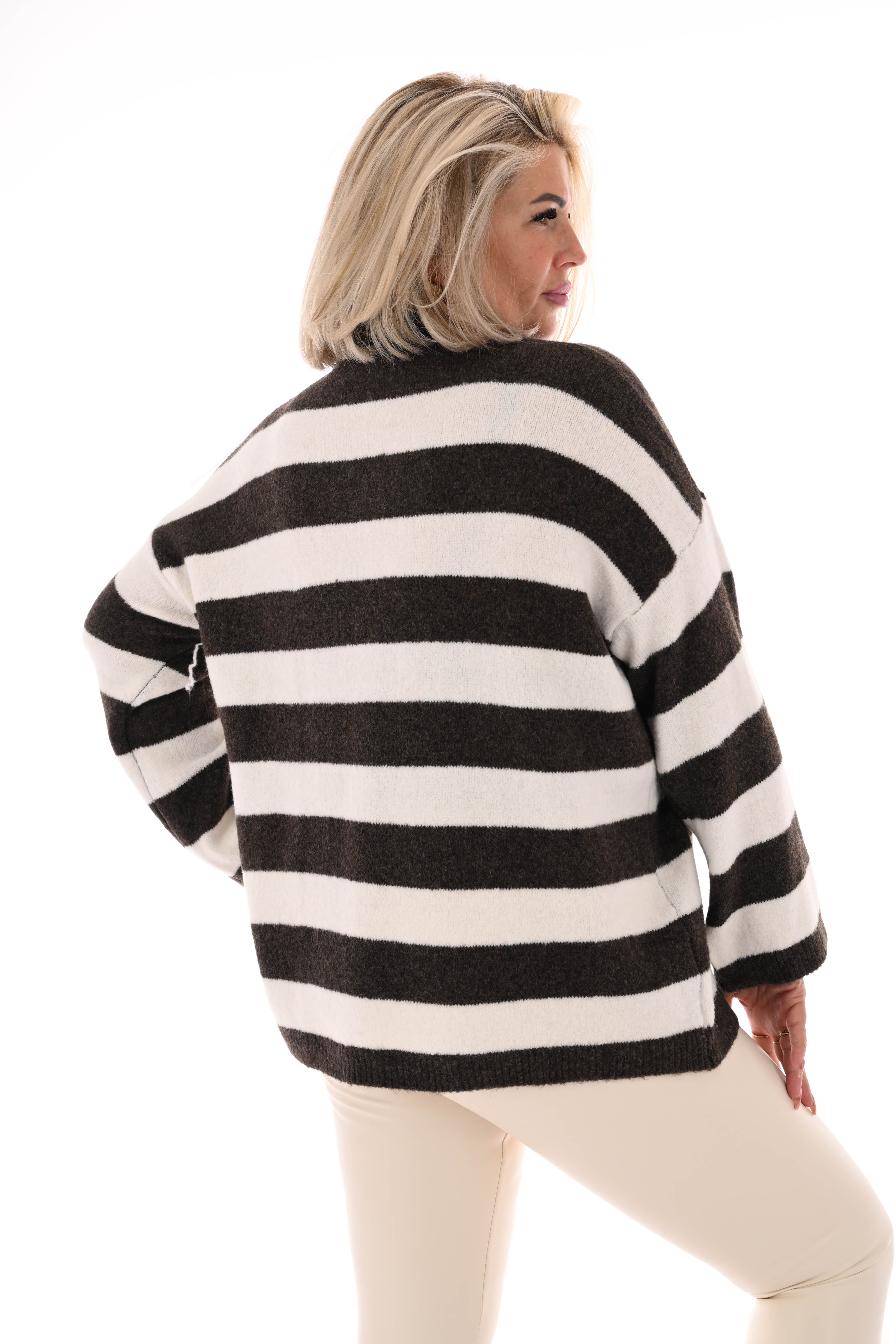 Fijn gebreide trui met kraag strepen donkerbruin/roomwit