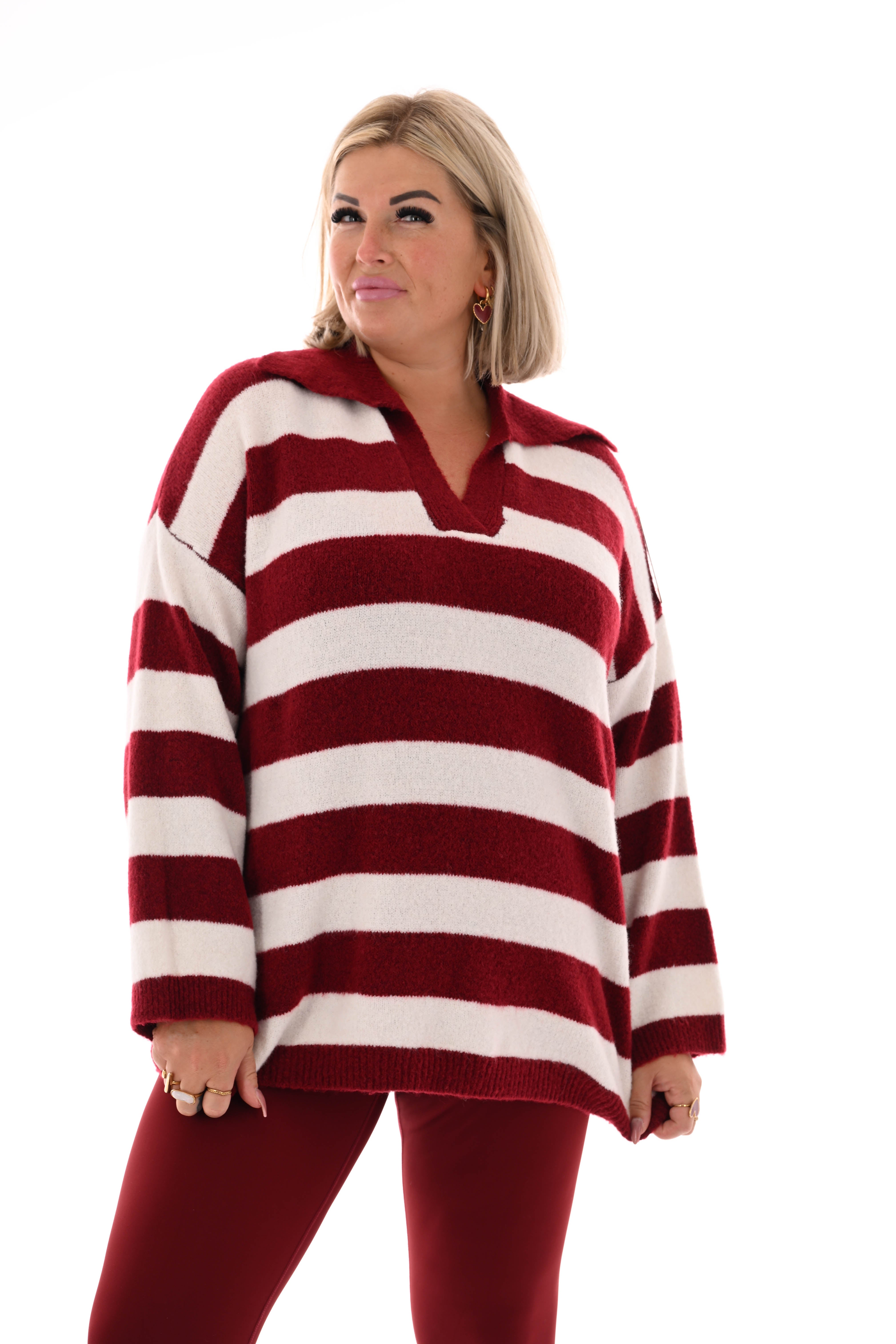 Fijn gebreide trui met kraag strepen bordeaux/roomwit