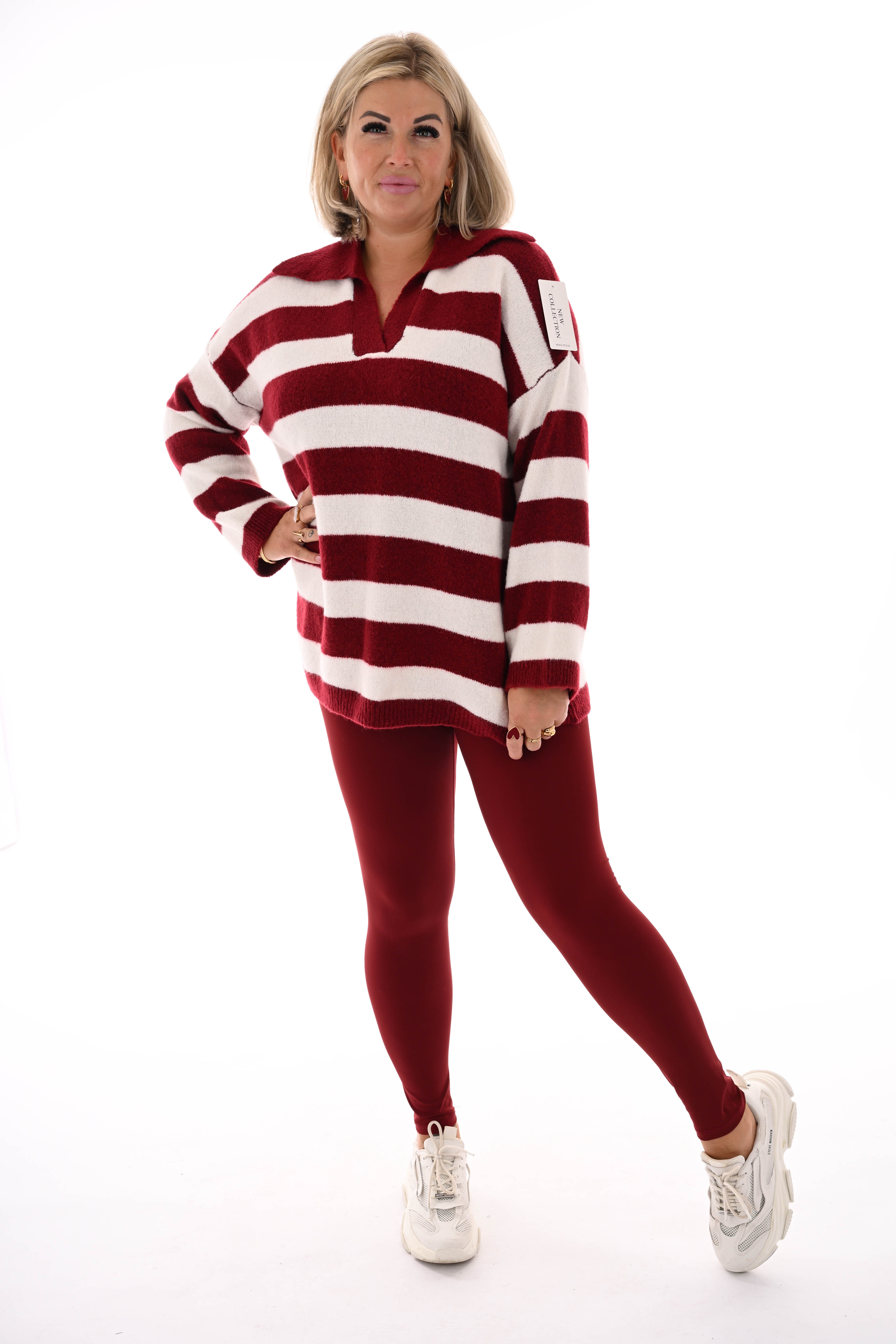Fijn gebreide trui met kraag strepen bordeaux/roomwit