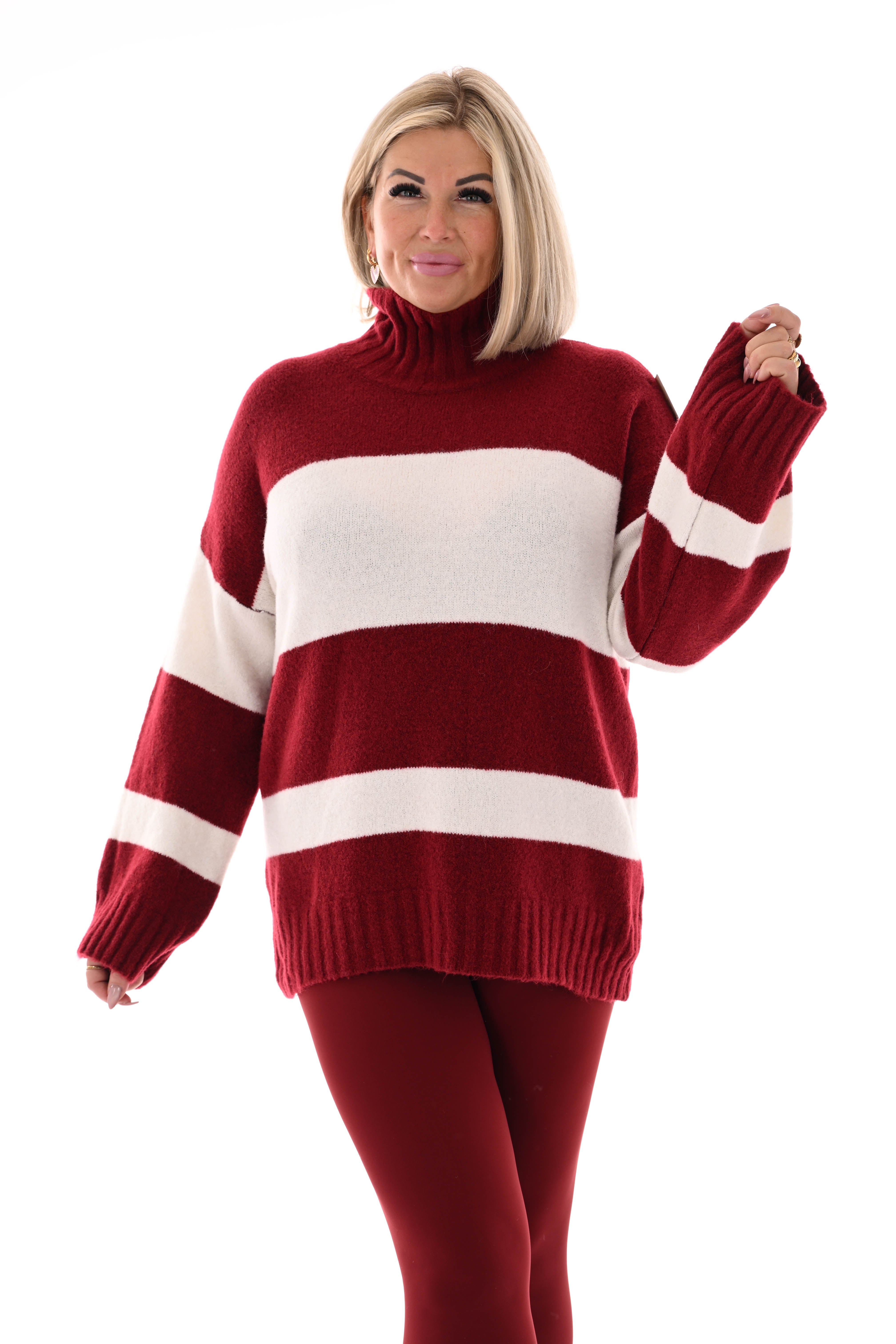 Oversized trui streep met col bordeaux