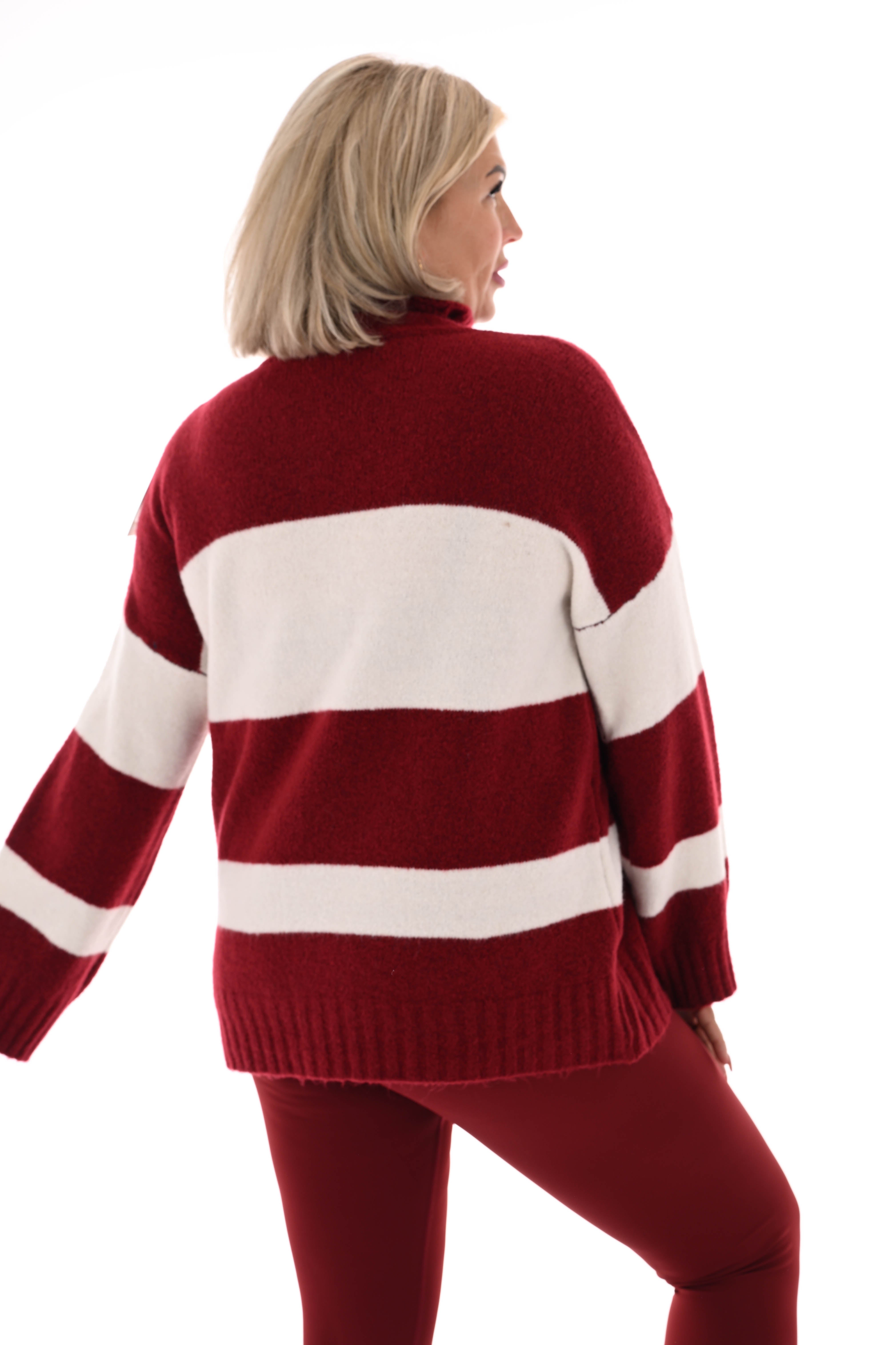 Oversized trui streep met col bordeaux