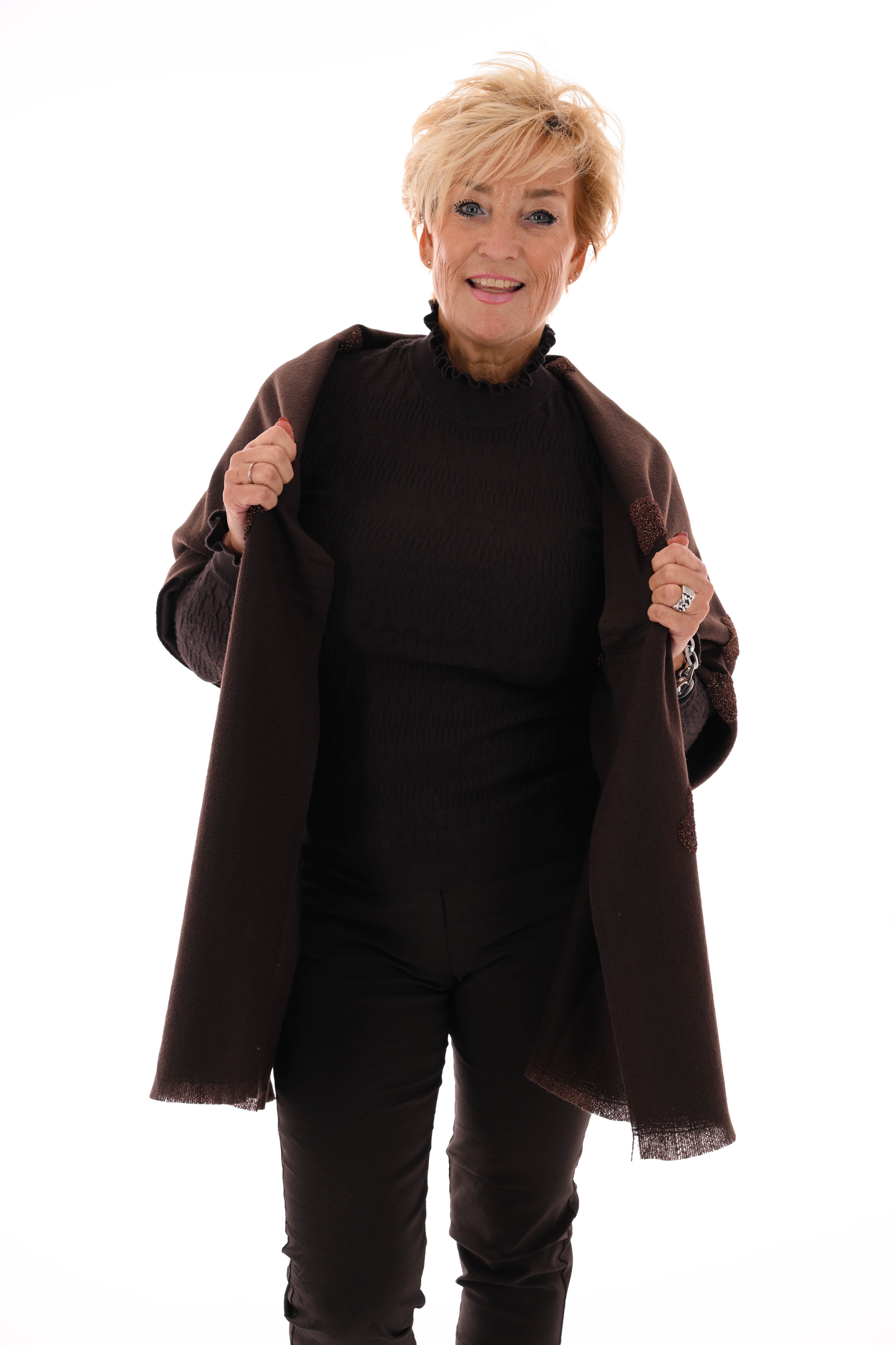 Top structuur met roezelkraag donkerbruin