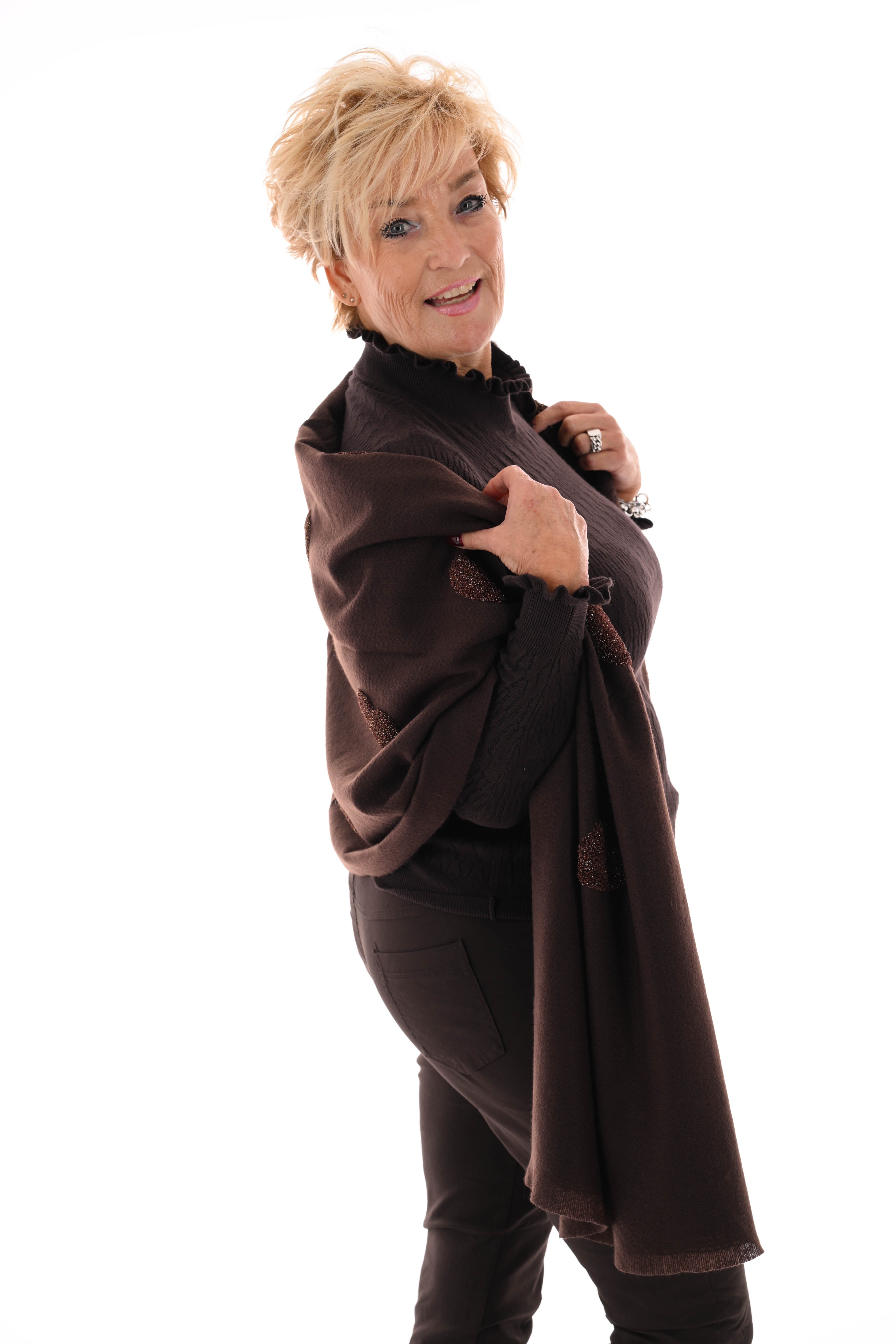 Top structuur met roezelkraag donkerbruin