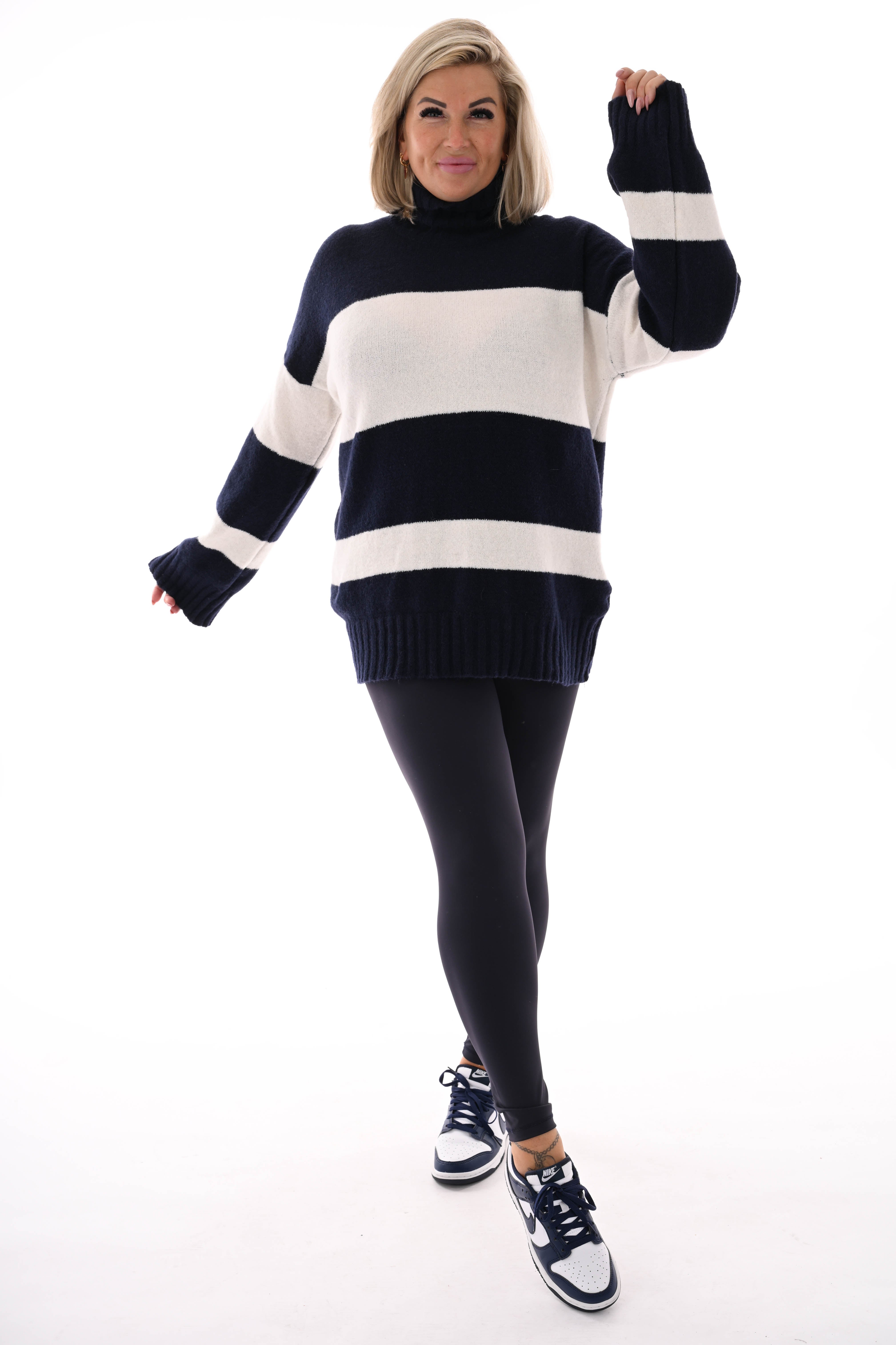 Oversized trui streep met col marineblauw