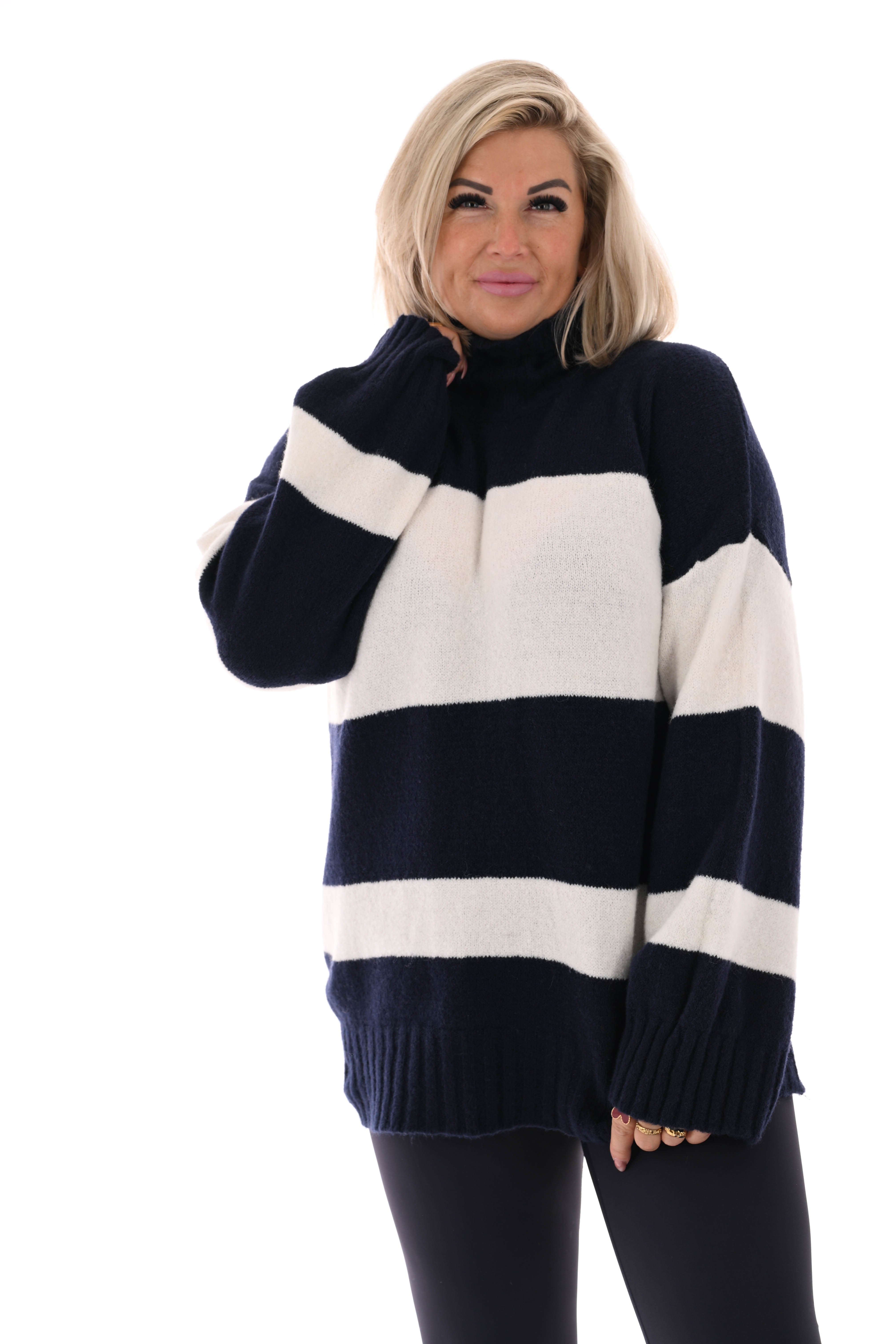Oversized trui streep met col marineblauw