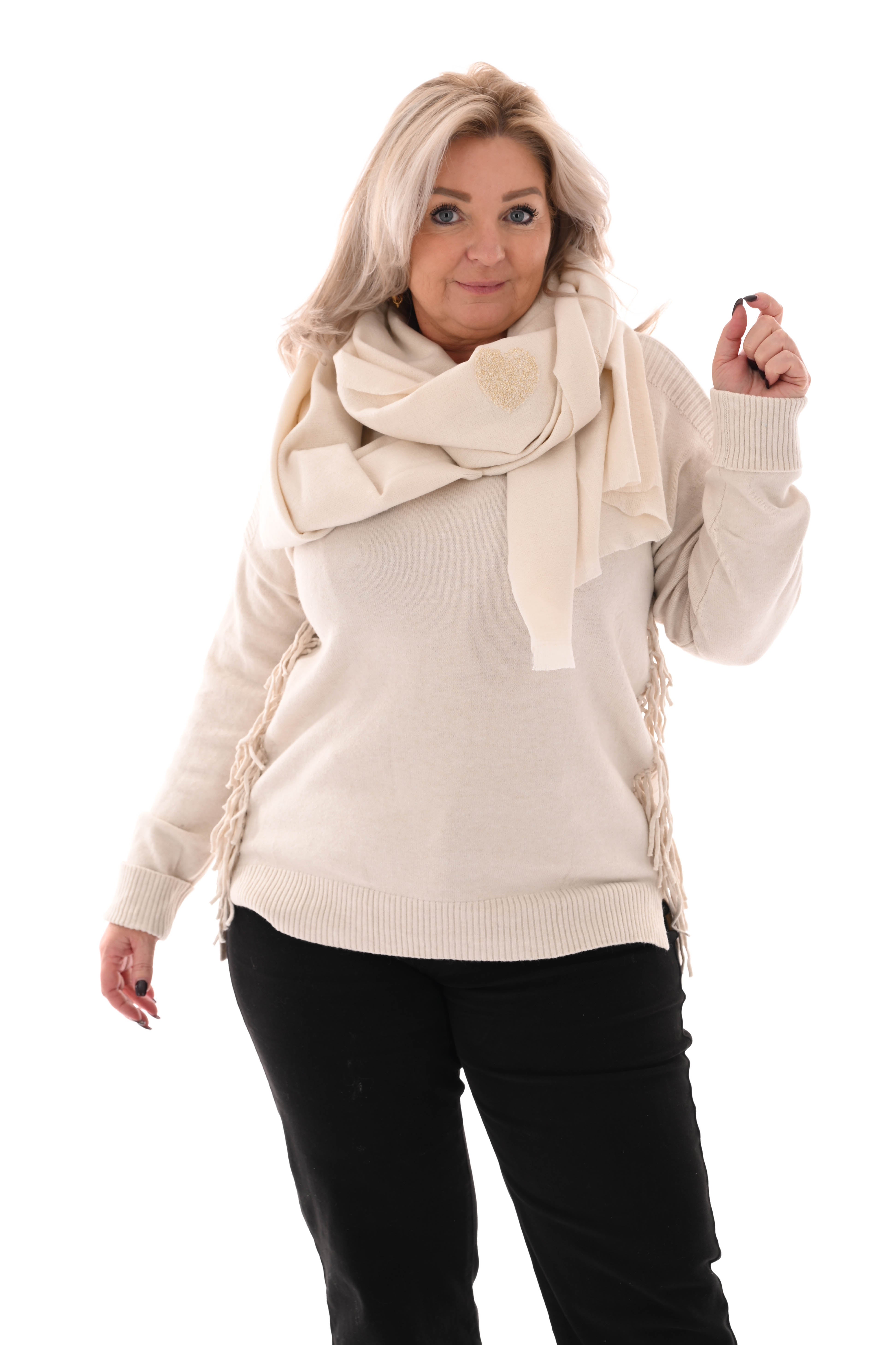 Trui zij franjes beige