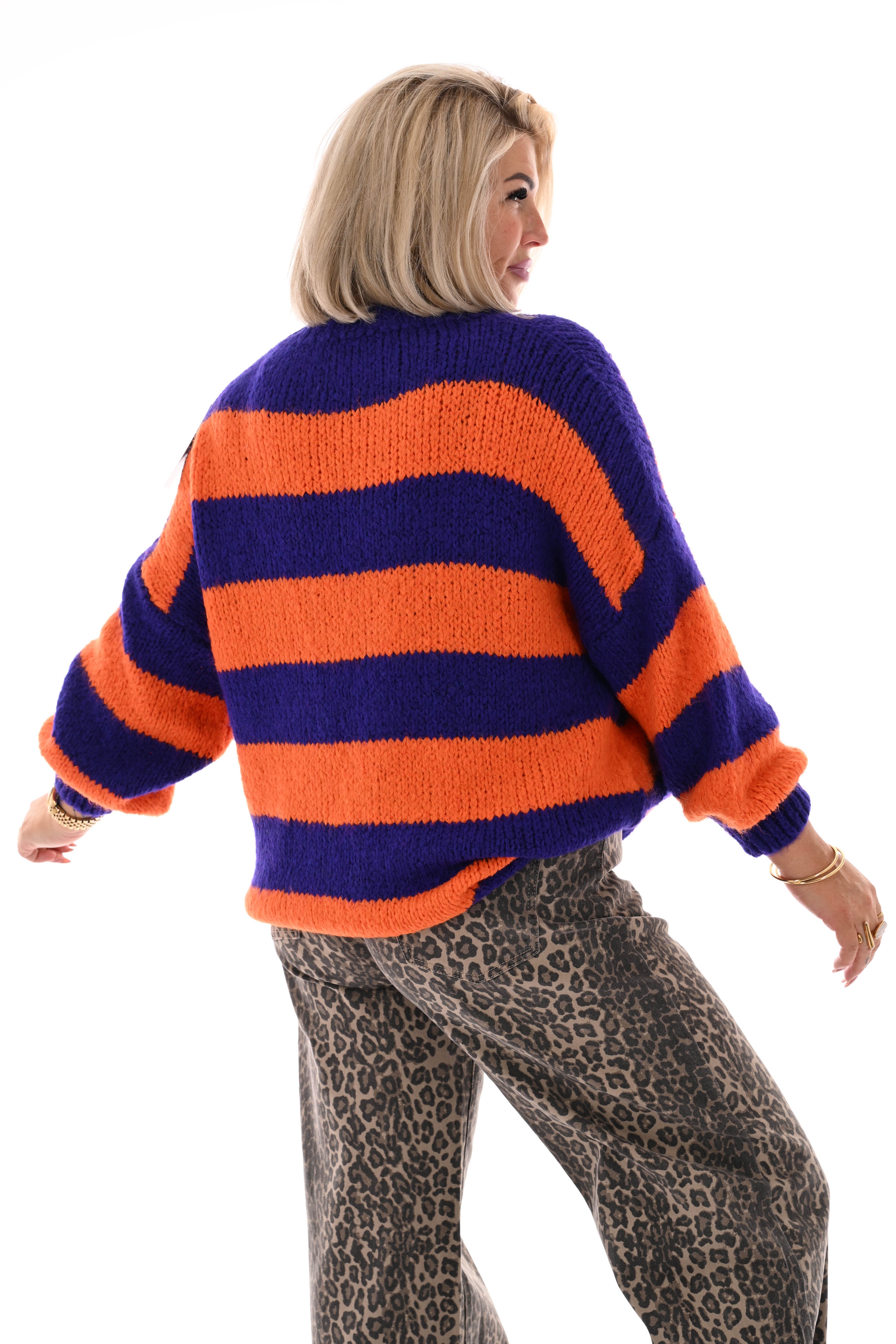 Grof gebreide trui strepen oranje/paars