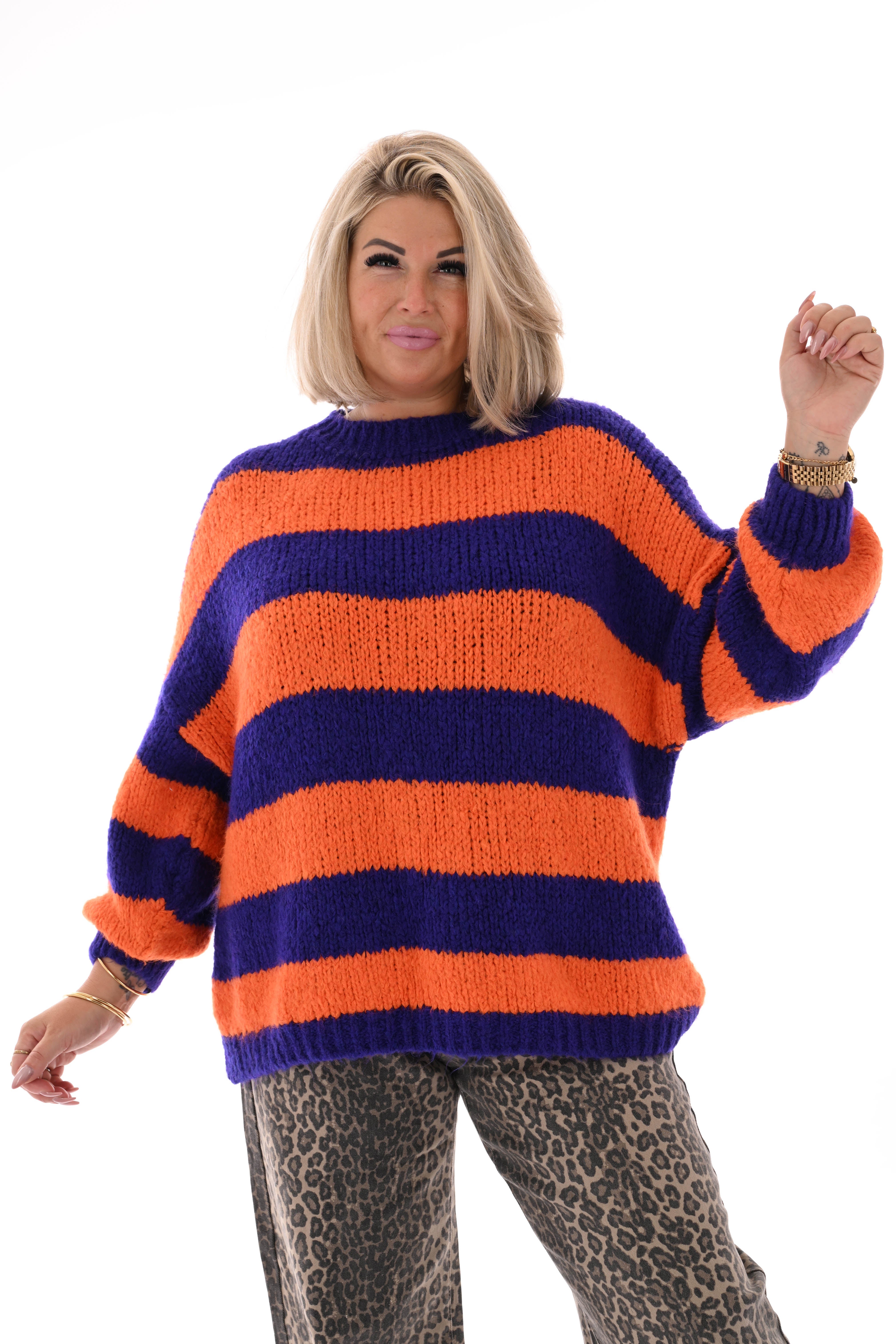 Grof gebreide trui strepen oranje/paars
