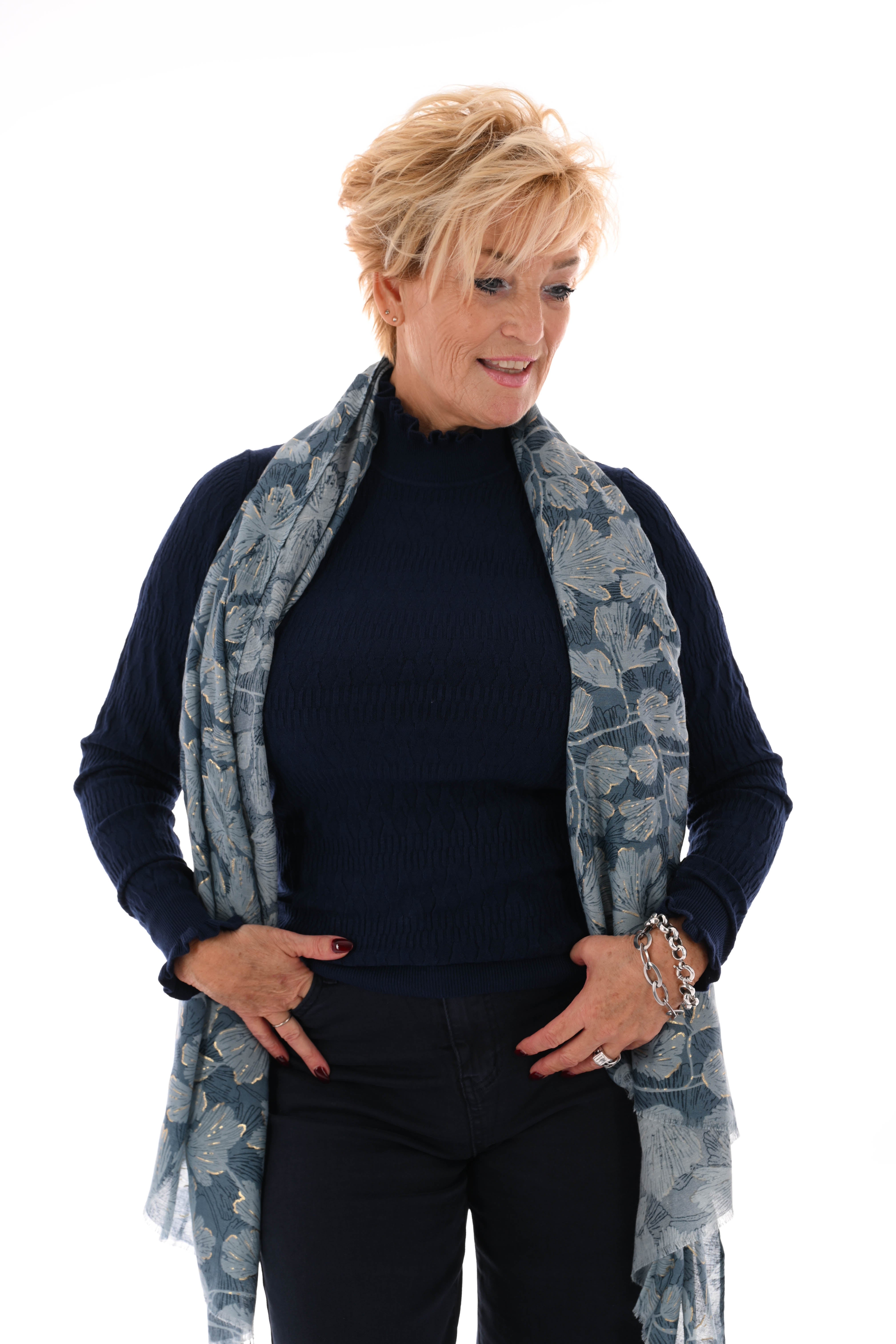 Top structuur met roezelkraag marineblauw