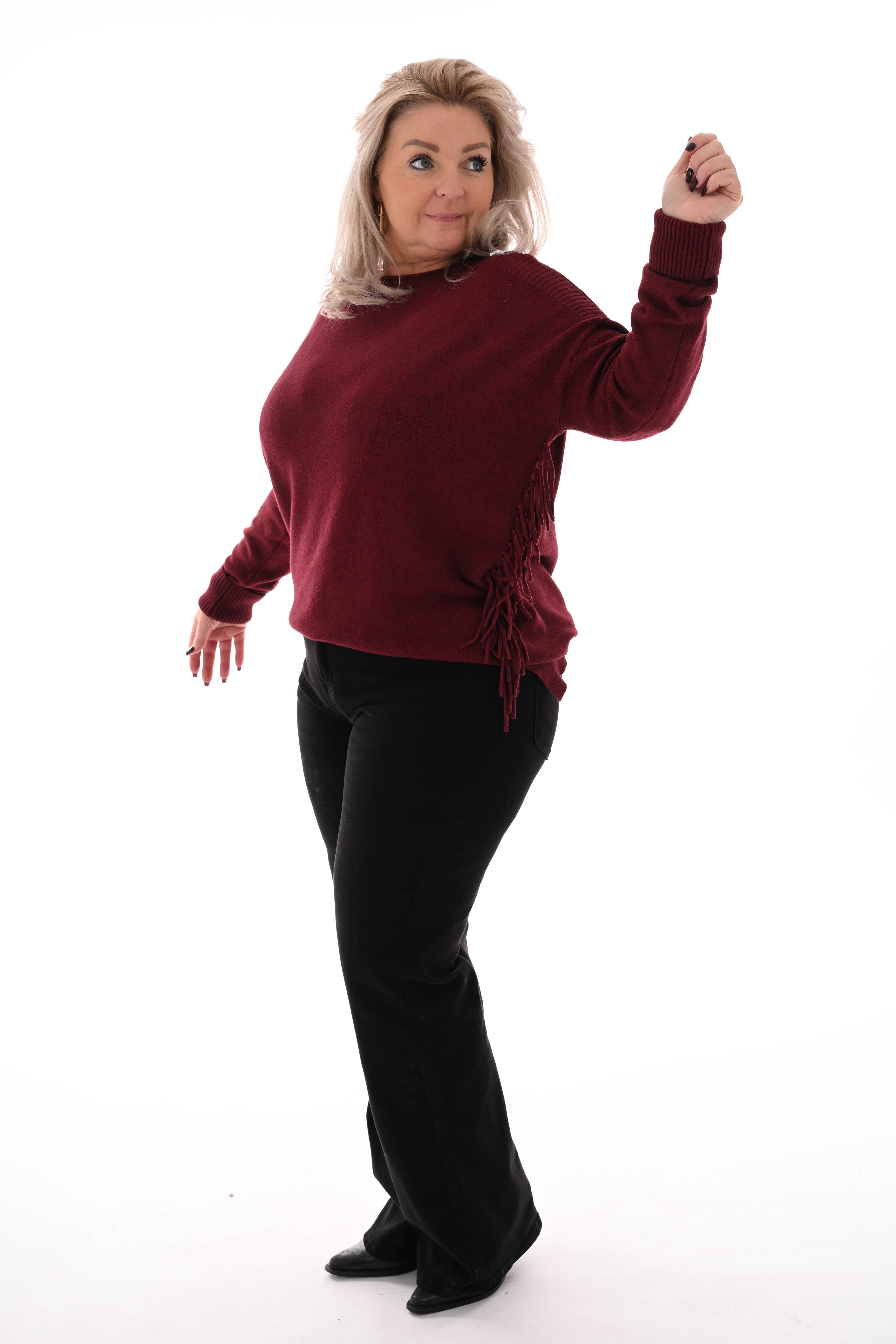 Trui zij franjes bordeaux