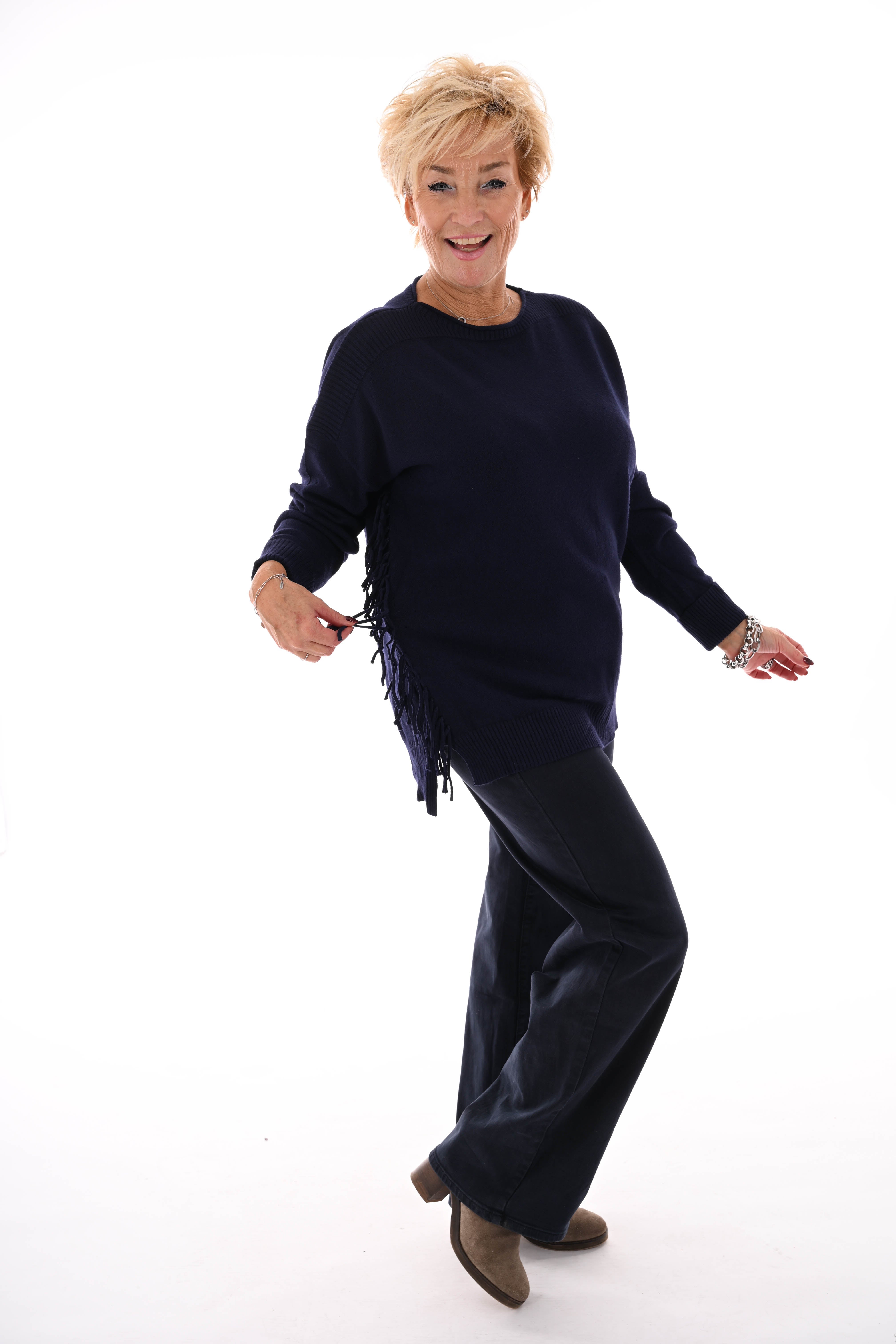 Trui zij franjes marineblauw