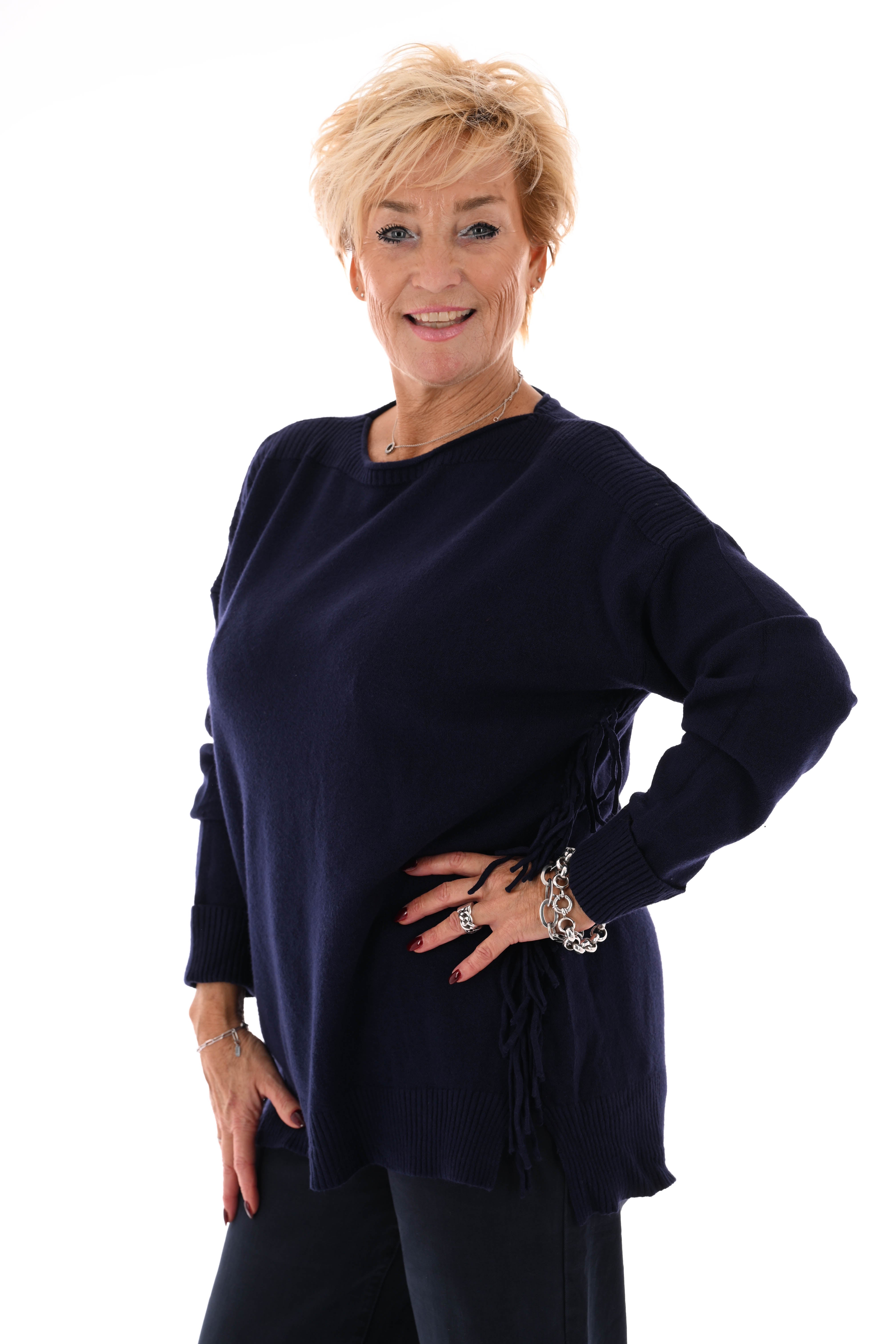 Trui zij franjes marineblauw