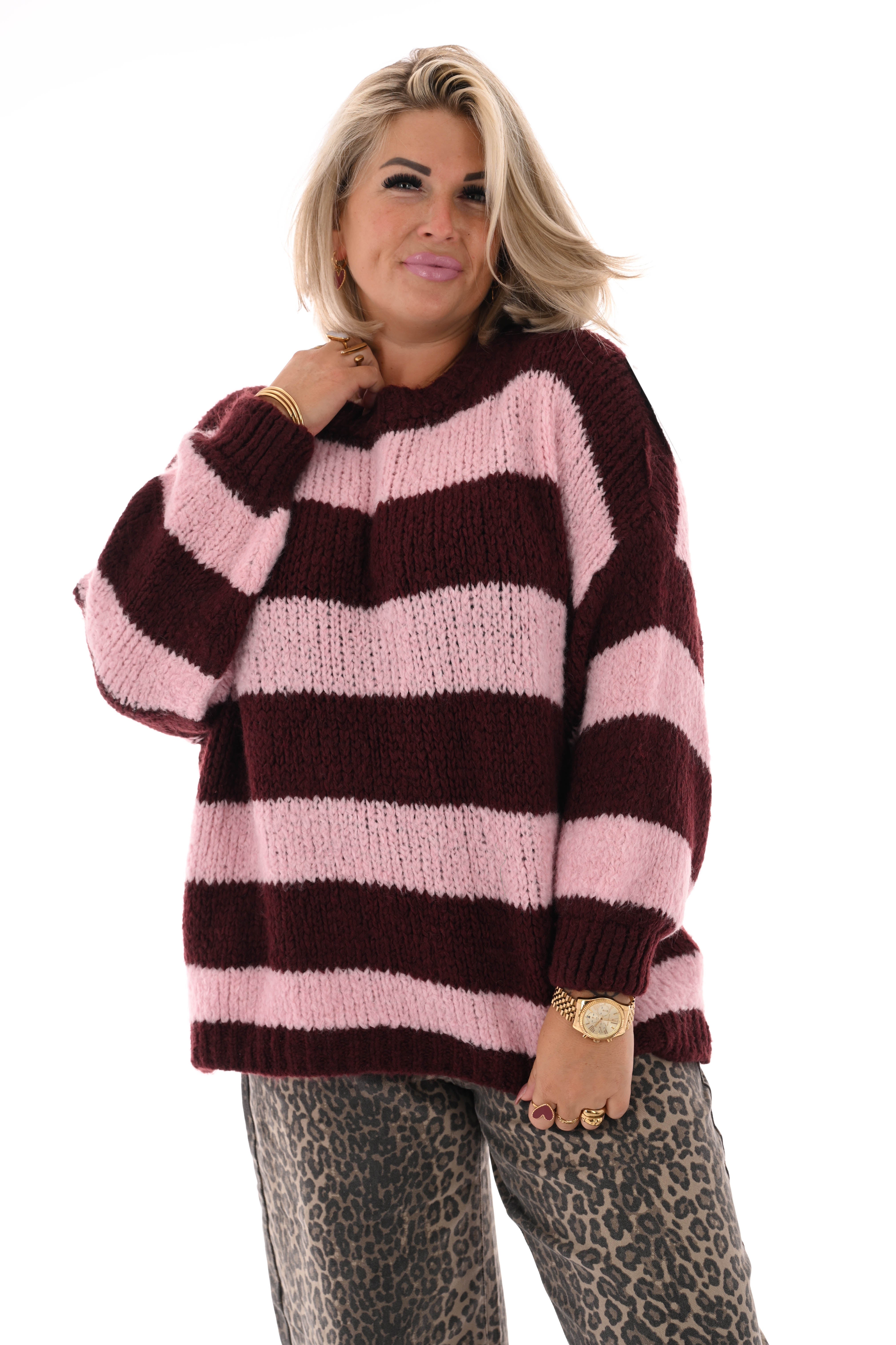 Grof gebreide trui strepen bordeaux/lichtroze
