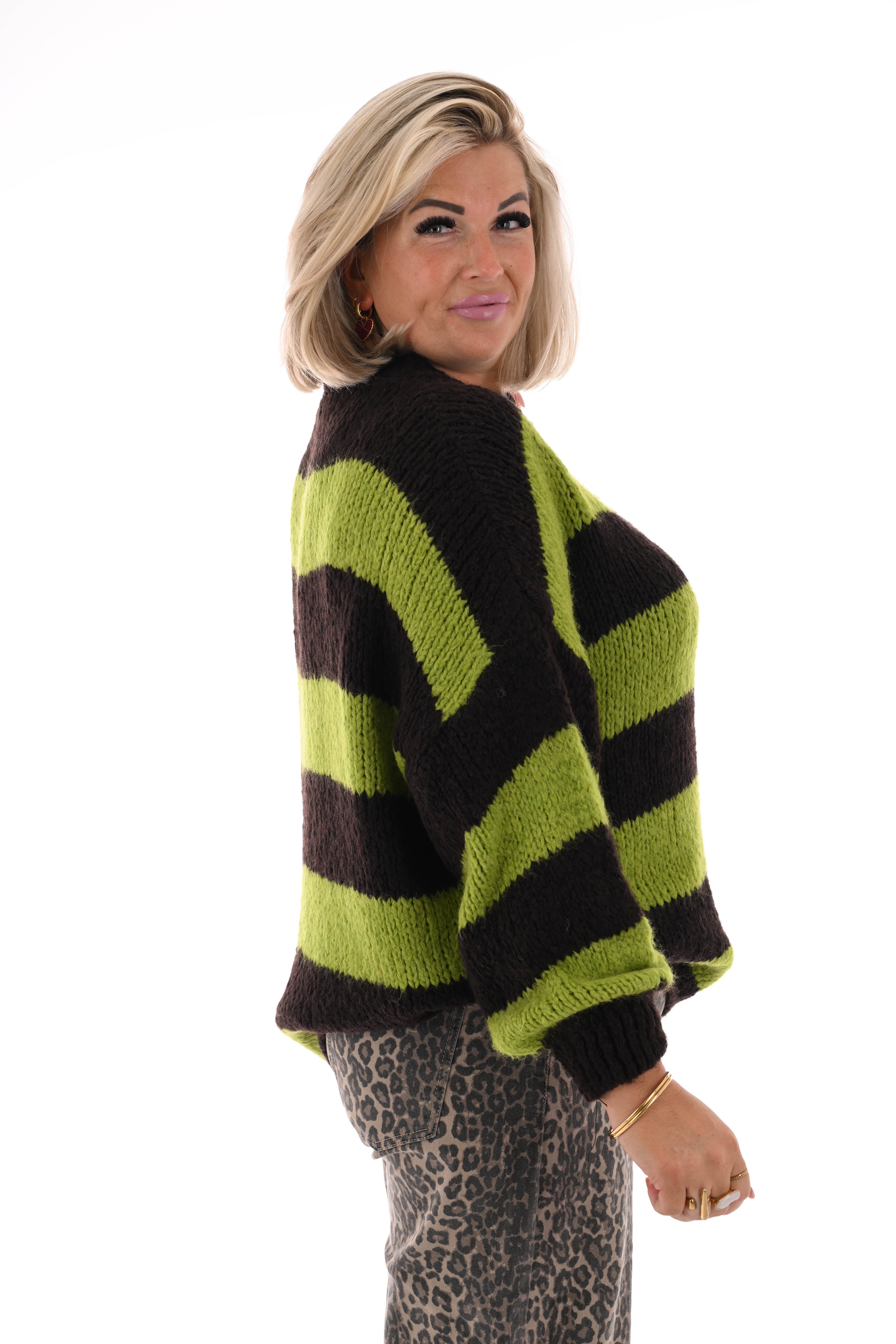 Grof gebreide trui strepen lime/donkerbruin